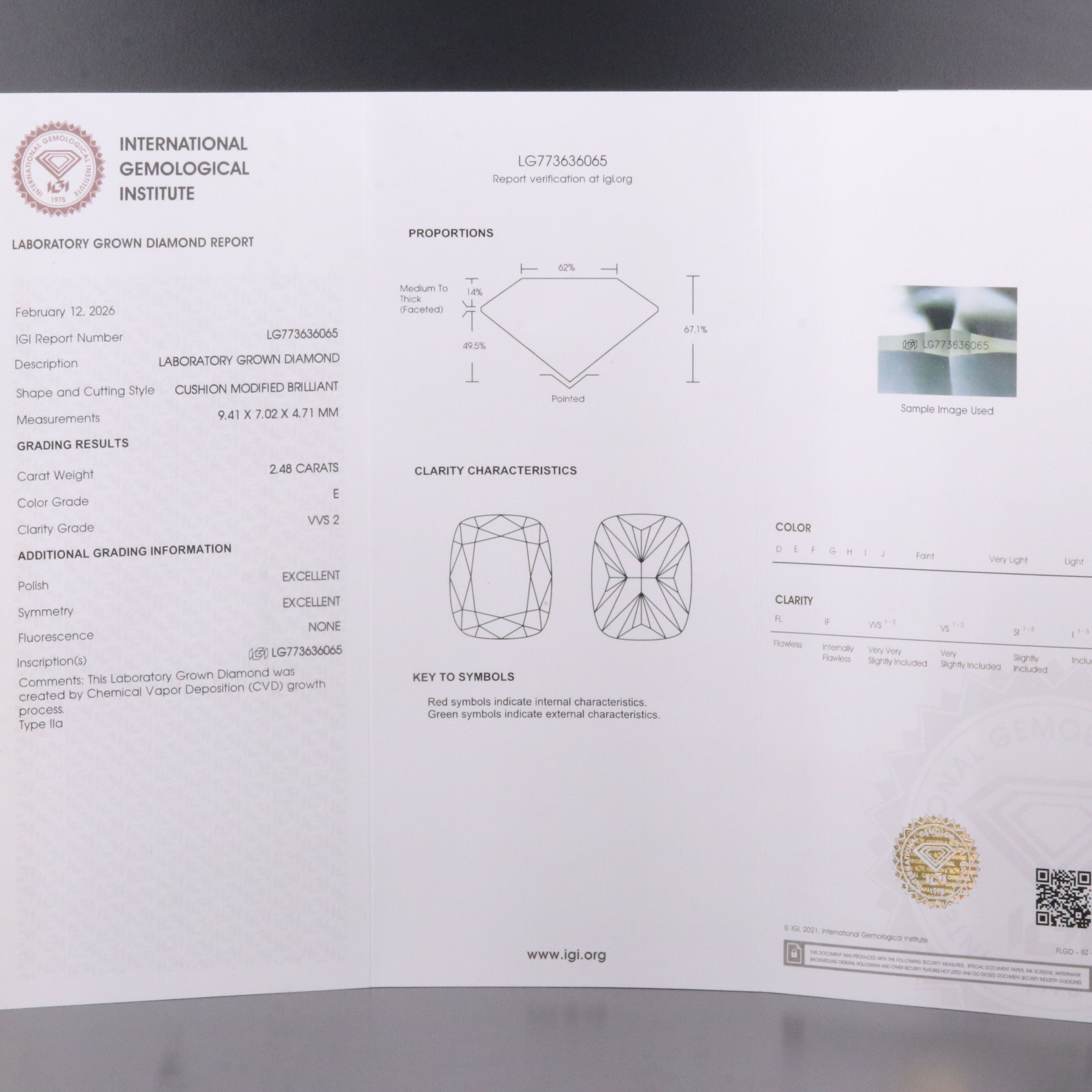 Loose 2.48 CT Lab Grown Diamond with IGI Report