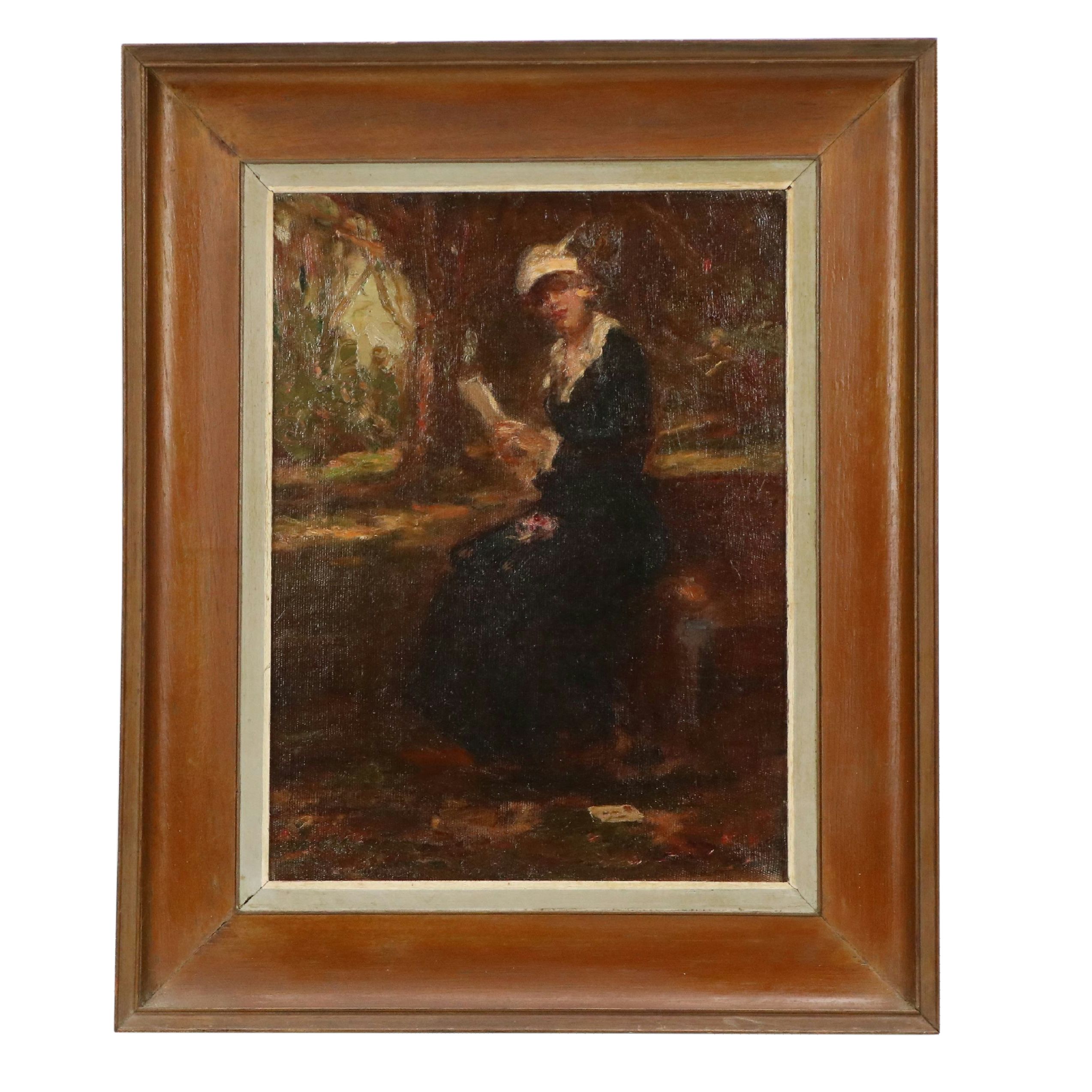 American School Impressionistic Oil Painting of Woman Reading Letter