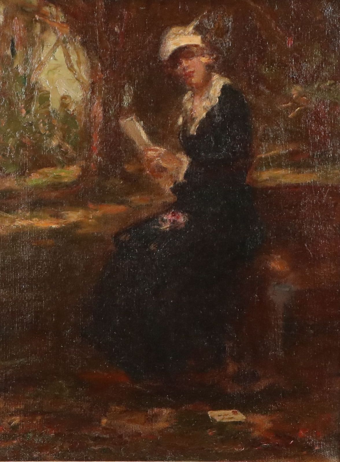 American School Impressionistic Oil Painting of Woman Reading Letter