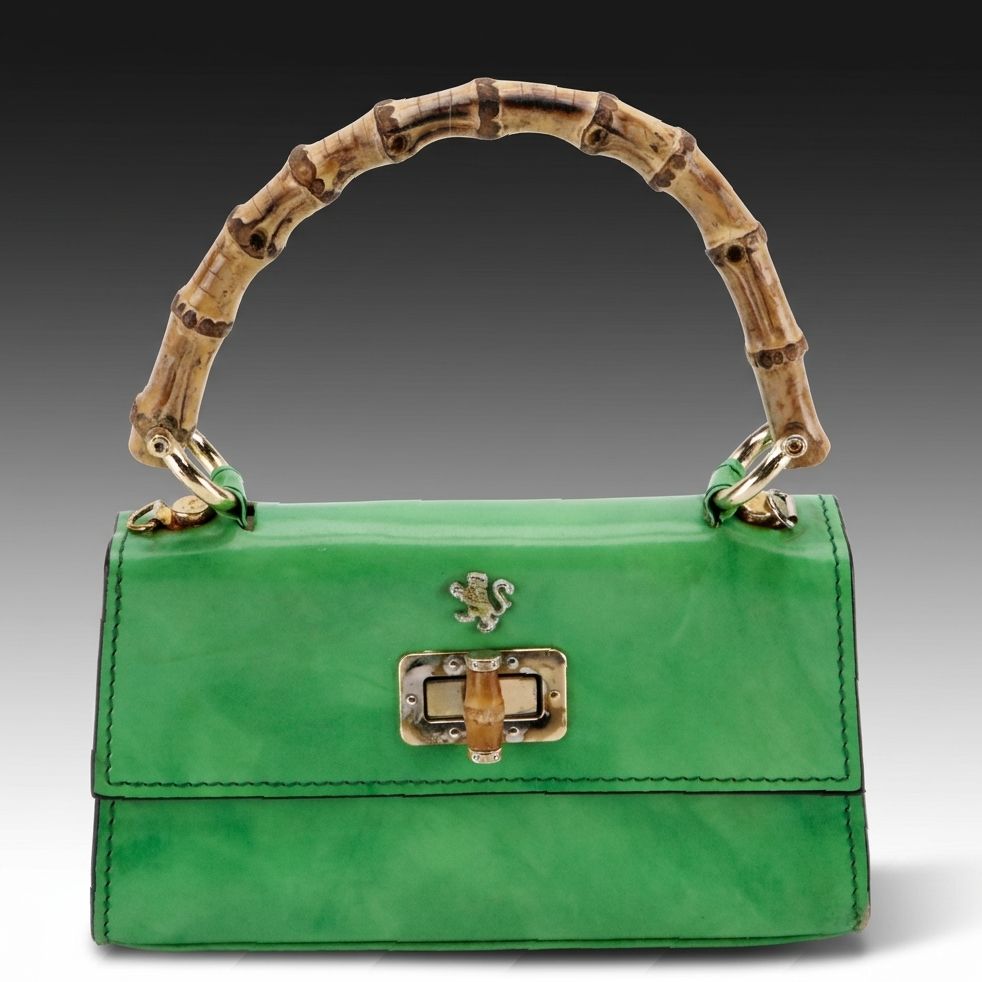 Pratesi Firenze Green Leather Bamboo Top Handle Two-Way Bag