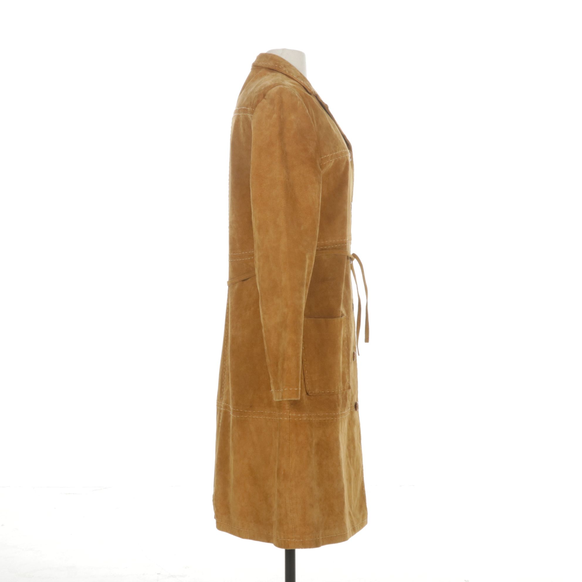 Bebe Suede Leather Button-Front Long Jacket with Running Stitch Detail