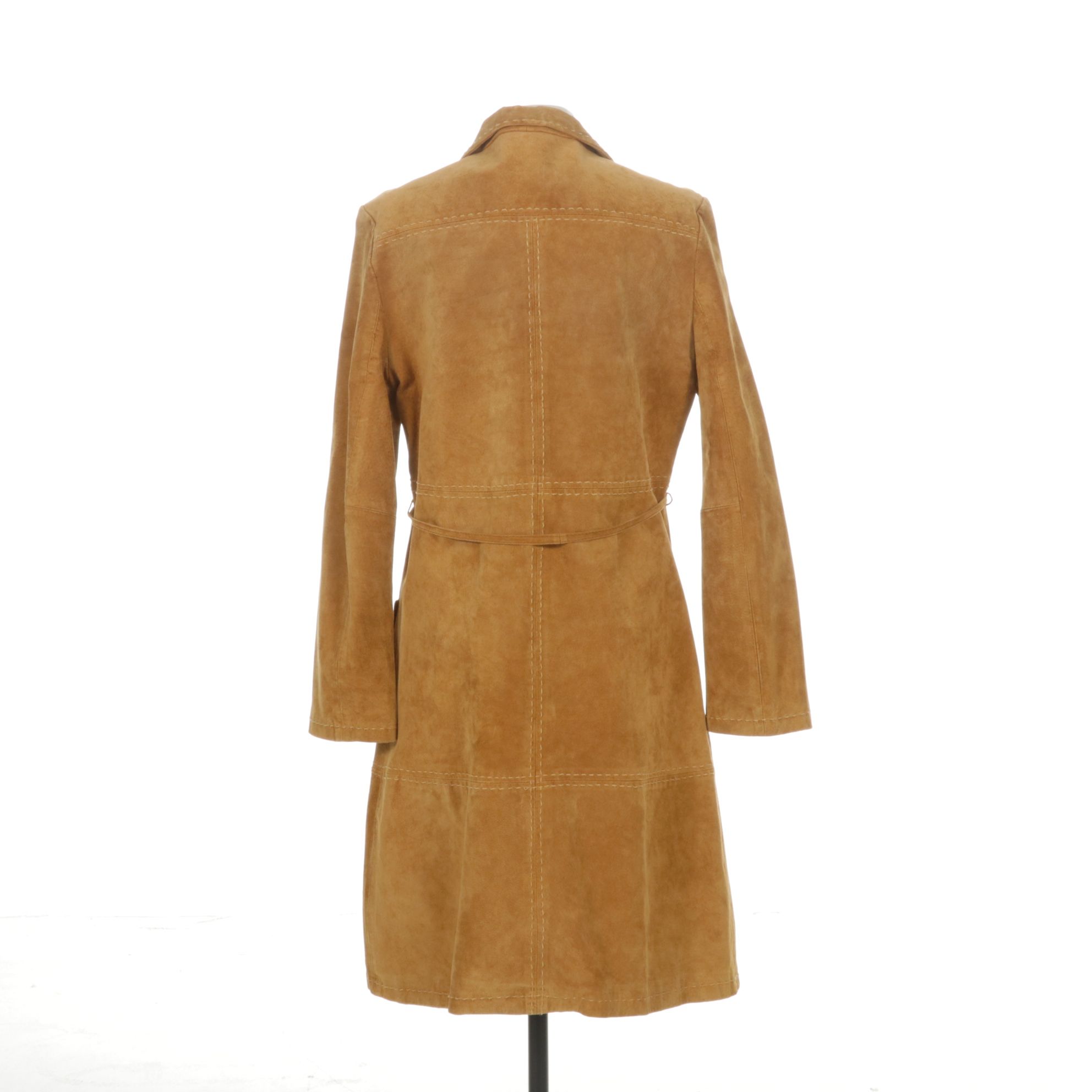 Bebe Suede Leather Button-Front Long Jacket with Running Stitch Detail