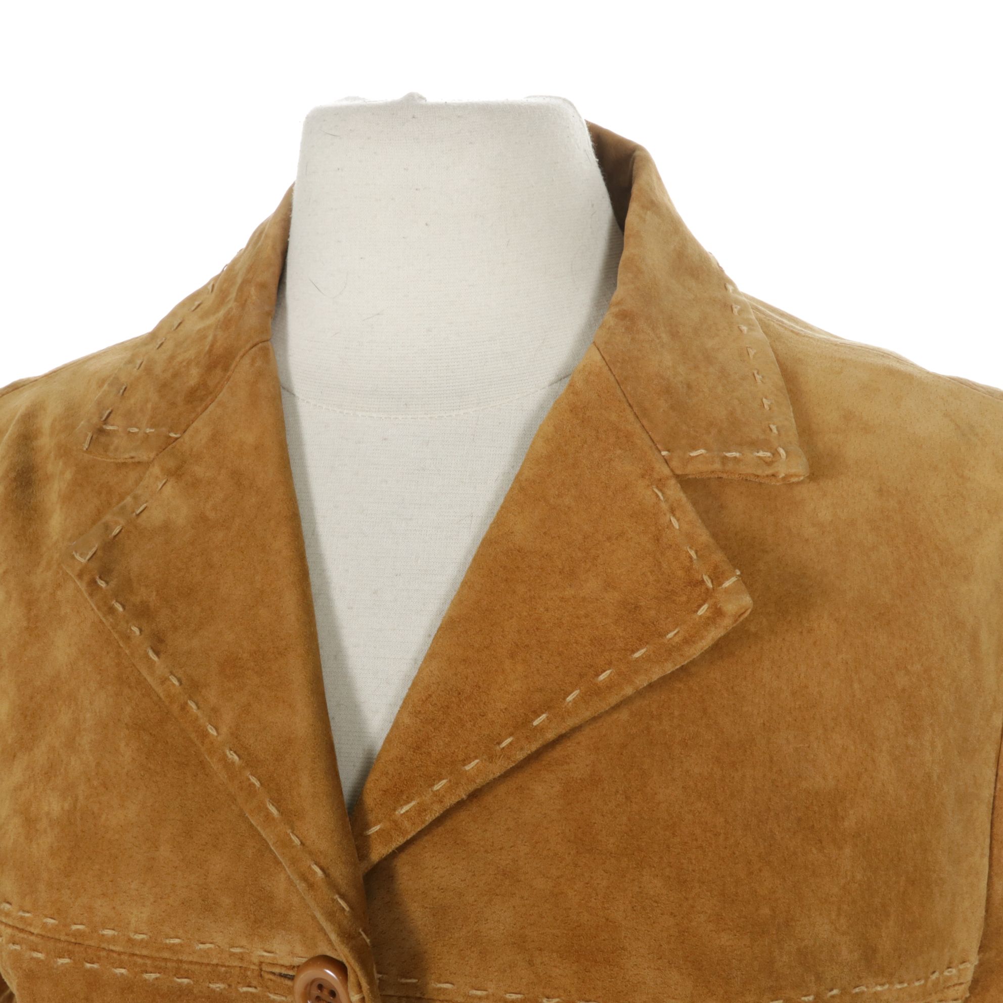 Bebe Suede Leather Button-Front Long Jacket with Running Stitch Detail