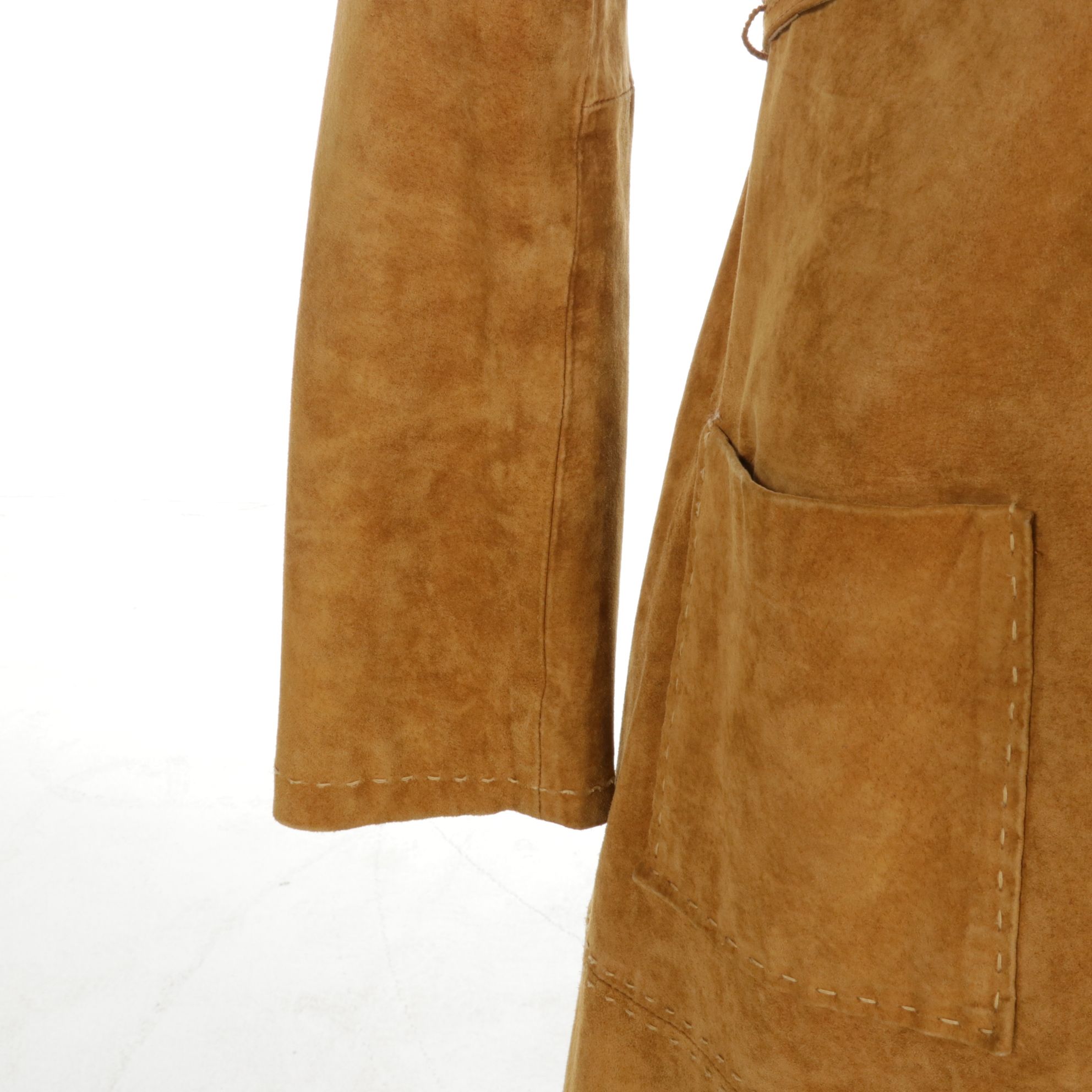 Bebe Suede Leather Button-Front Long Jacket with Running Stitch Detail