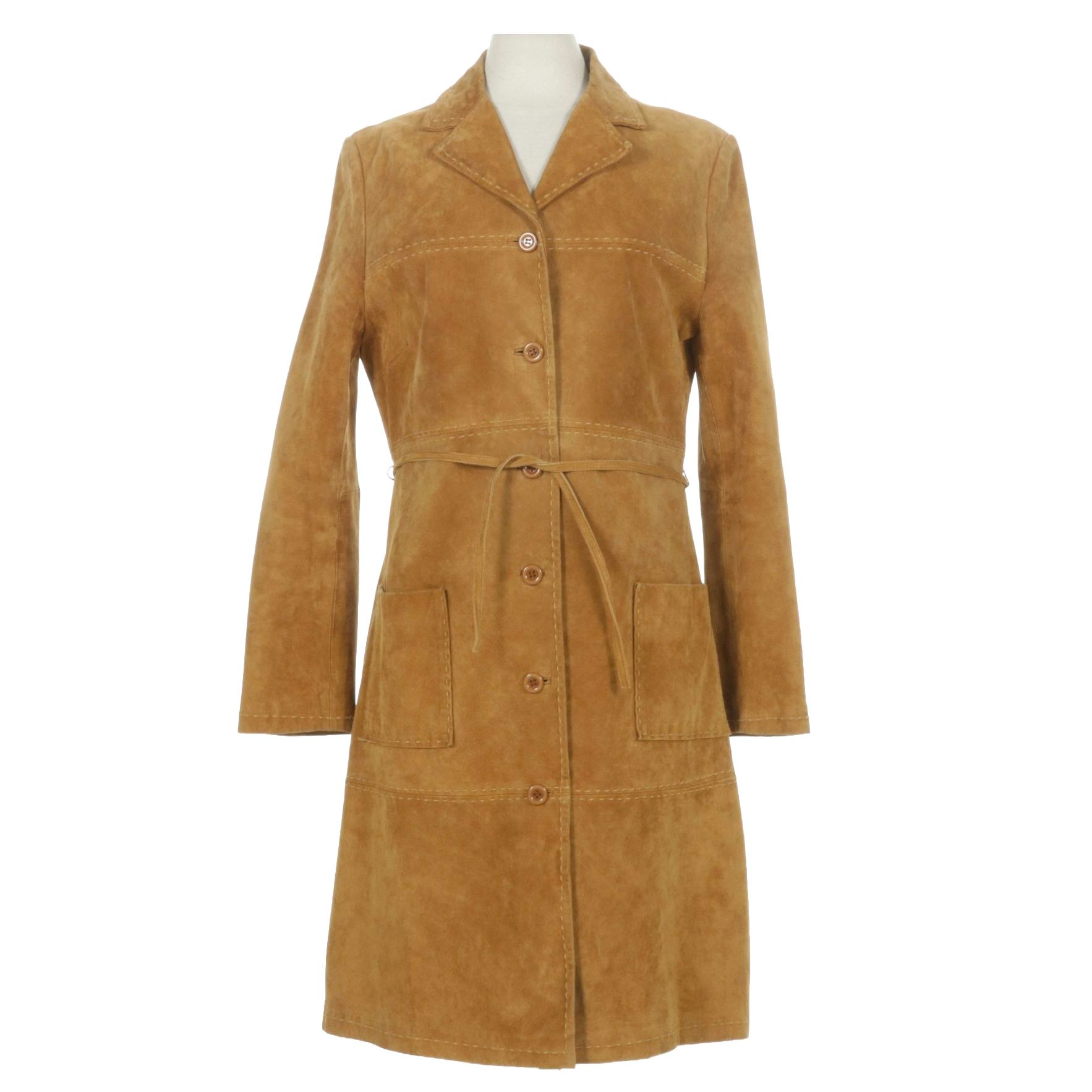 Bebe Suede Leather Button-Front Long Jacket with Running Stitch Detail