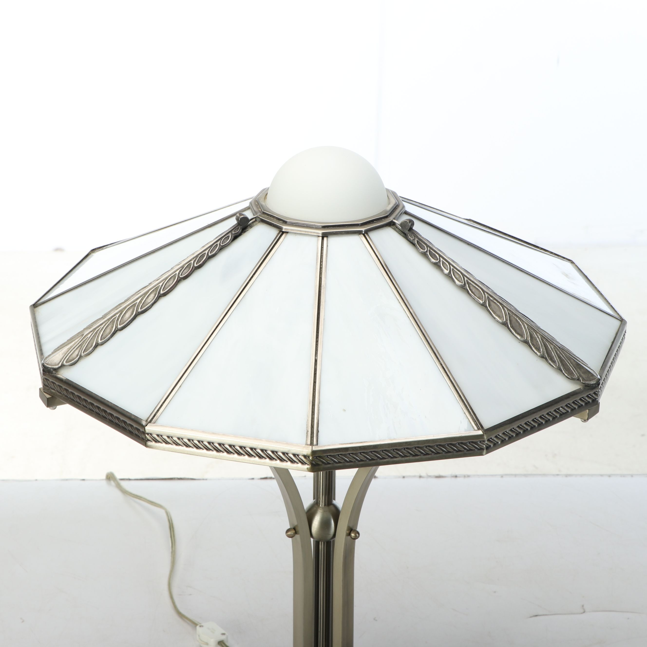 Deco Revival Champagne Nickel Table Lamp with White Panel Glass Shade