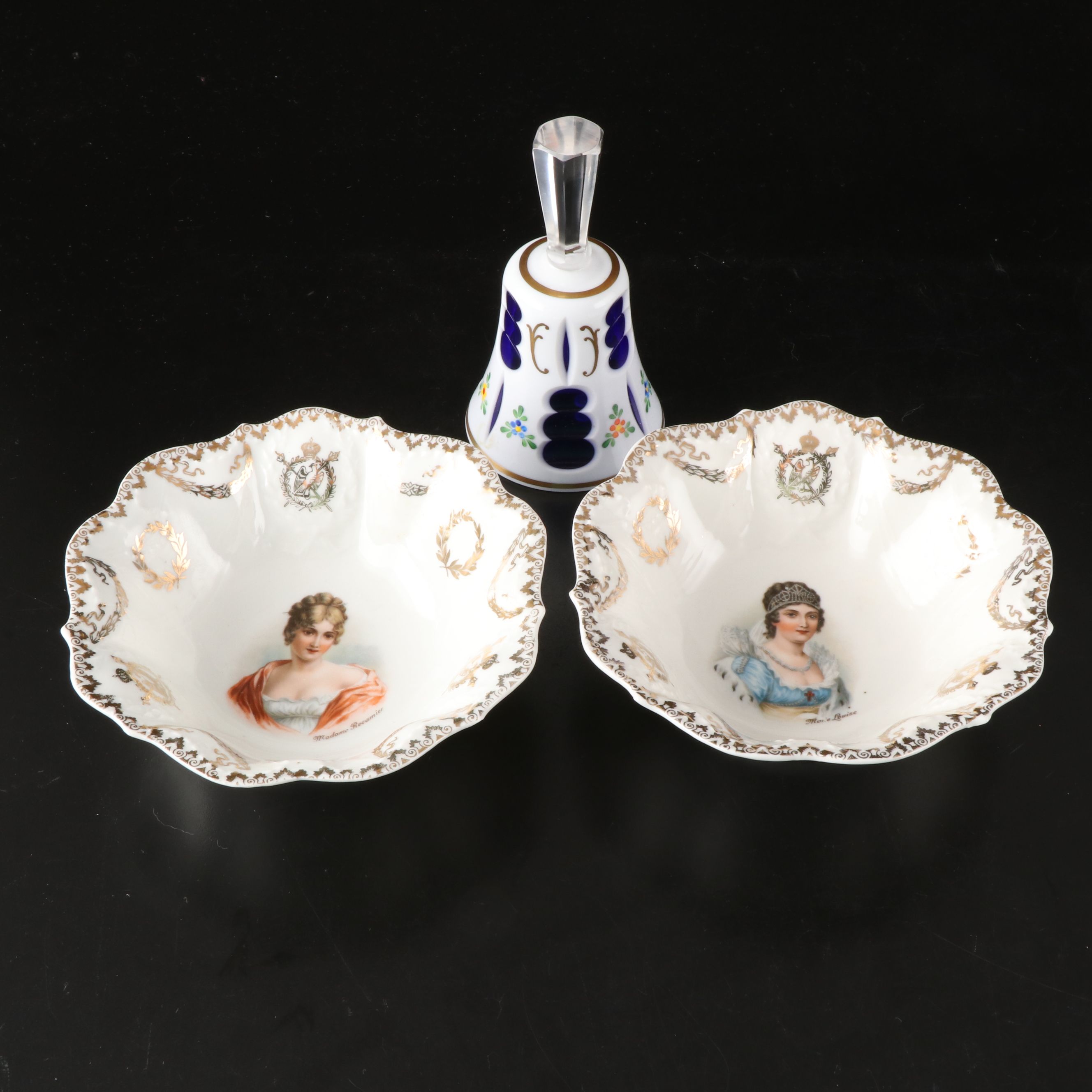 Prov. Sxe E.S. Gilt Decorated Porcelain Bowls with Milk and Cobalt Glass Bell