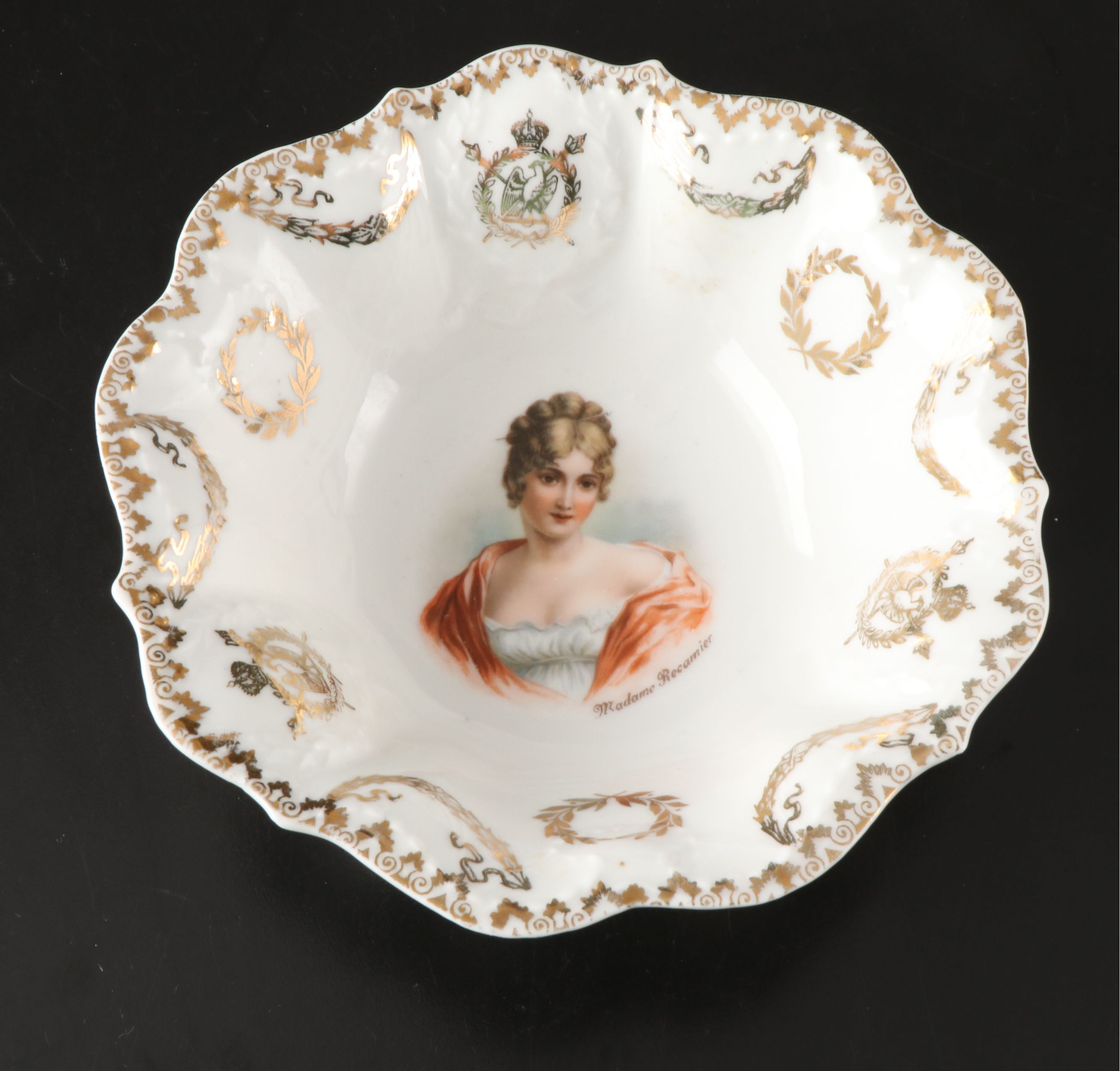 Prov. Sxe E.S. Gilt Decorated Porcelain Bowls with Milk and Cobalt Glass Bell