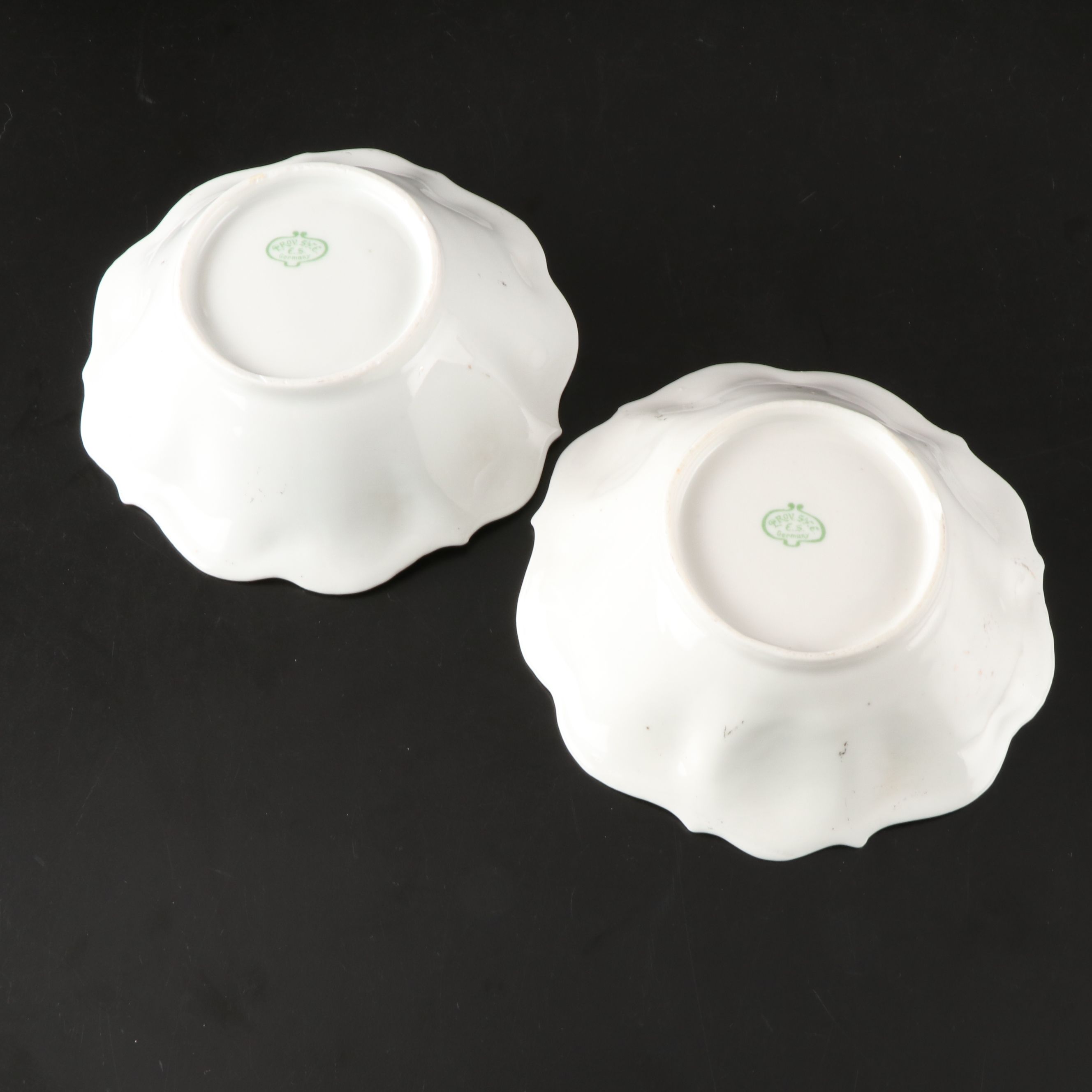 Prov. Sxe E.S. Gilt Decorated Porcelain Bowls with Milk and Cobalt Glass Bell