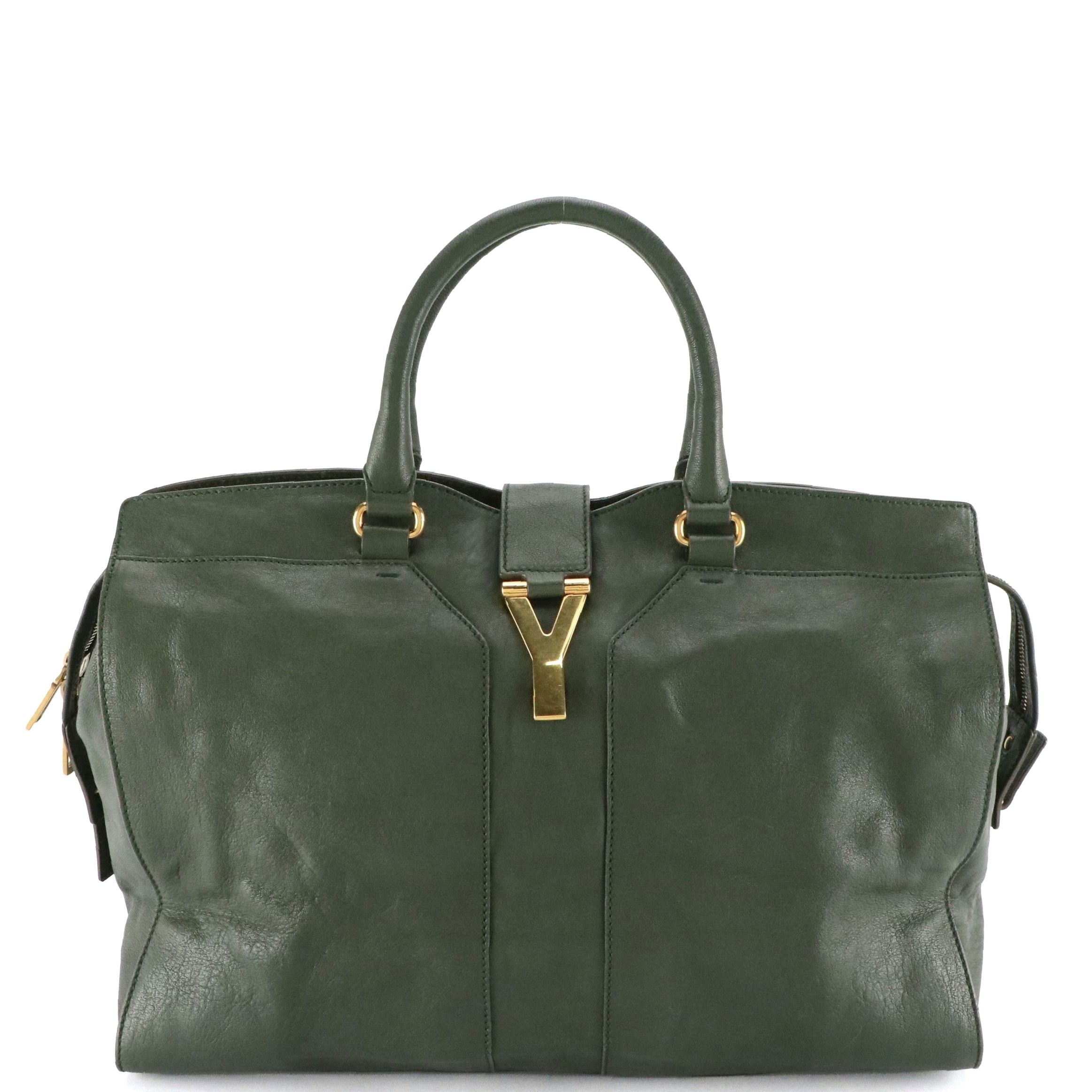Yves Saint Laurent Cabas ChYc Large Tote Bag in Tartan Green Leather