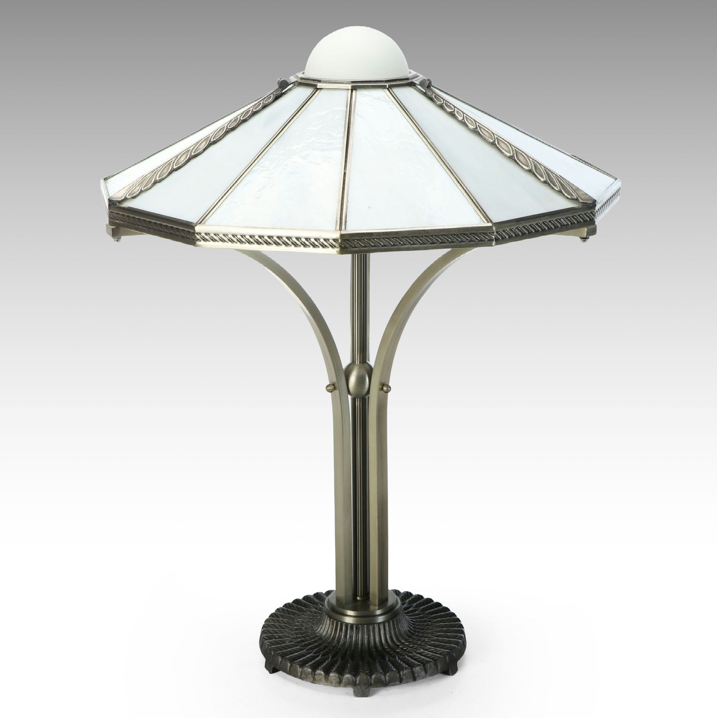 Deco Revival Champagne Nickel Table Lamp with White Panel Glass Shade