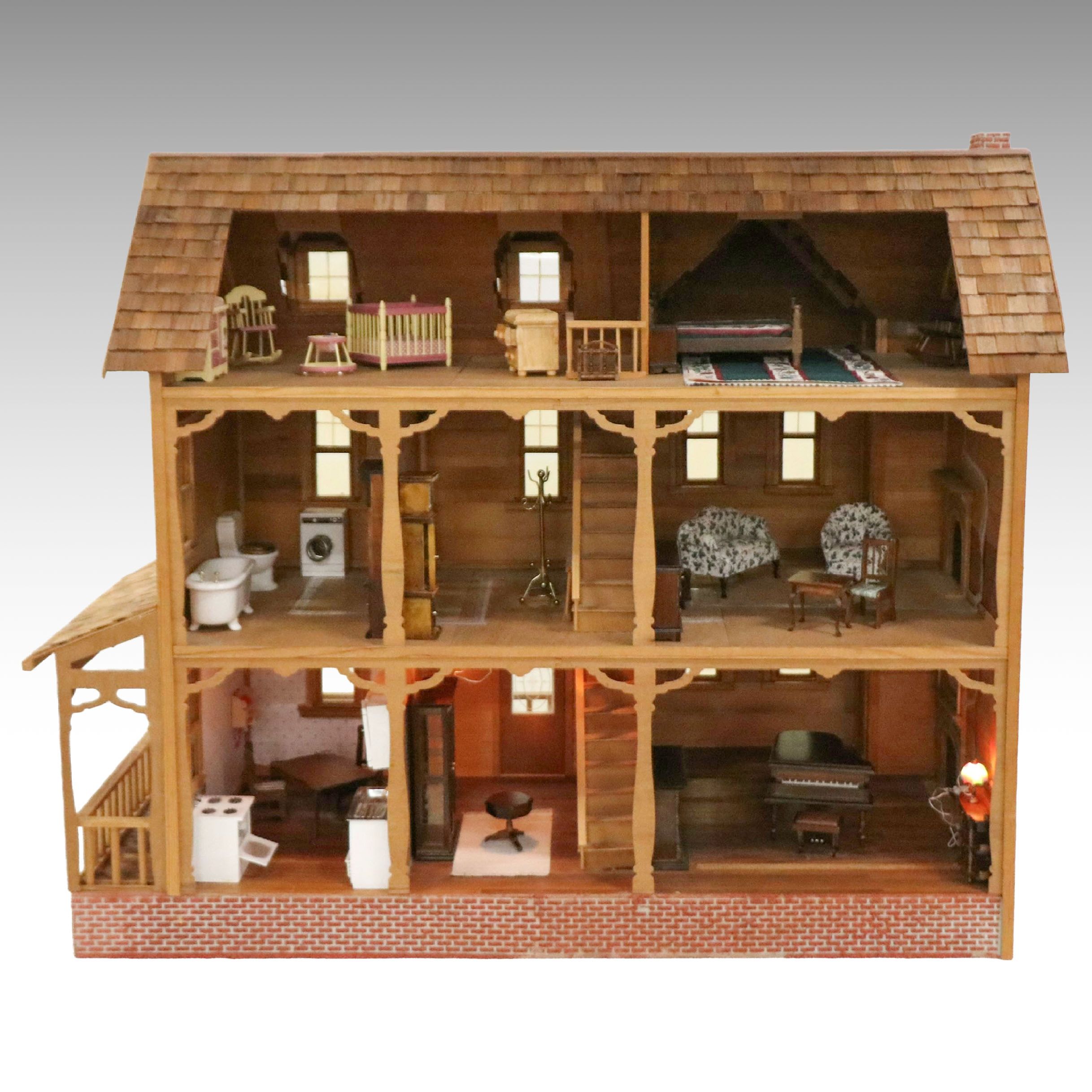 Handcrafted Victorian Style Electrified Wooden Doll House with Accessories