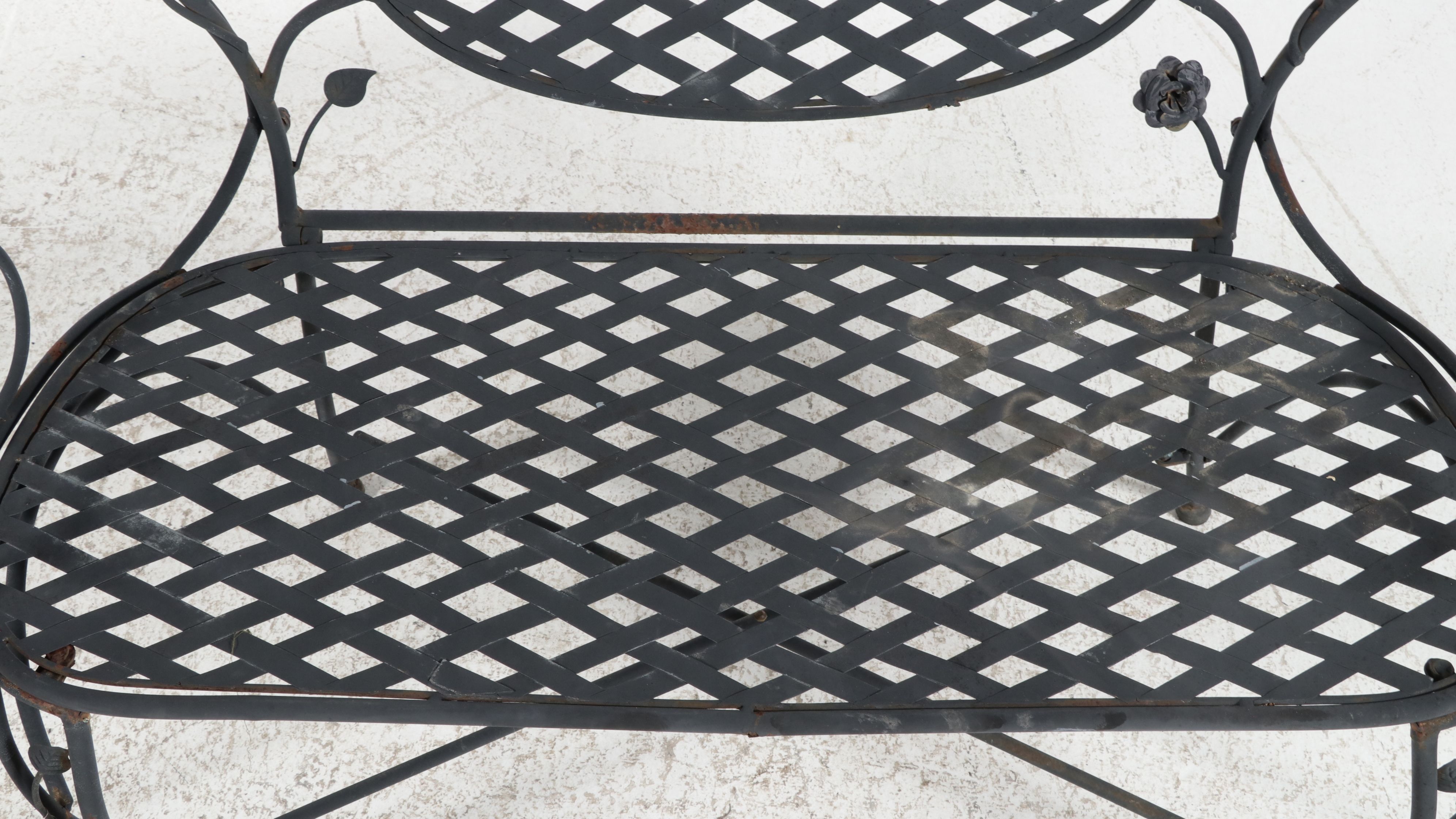 Art Nouveau Style Wrought Iron Vine and Diamond Weave Patio Settee