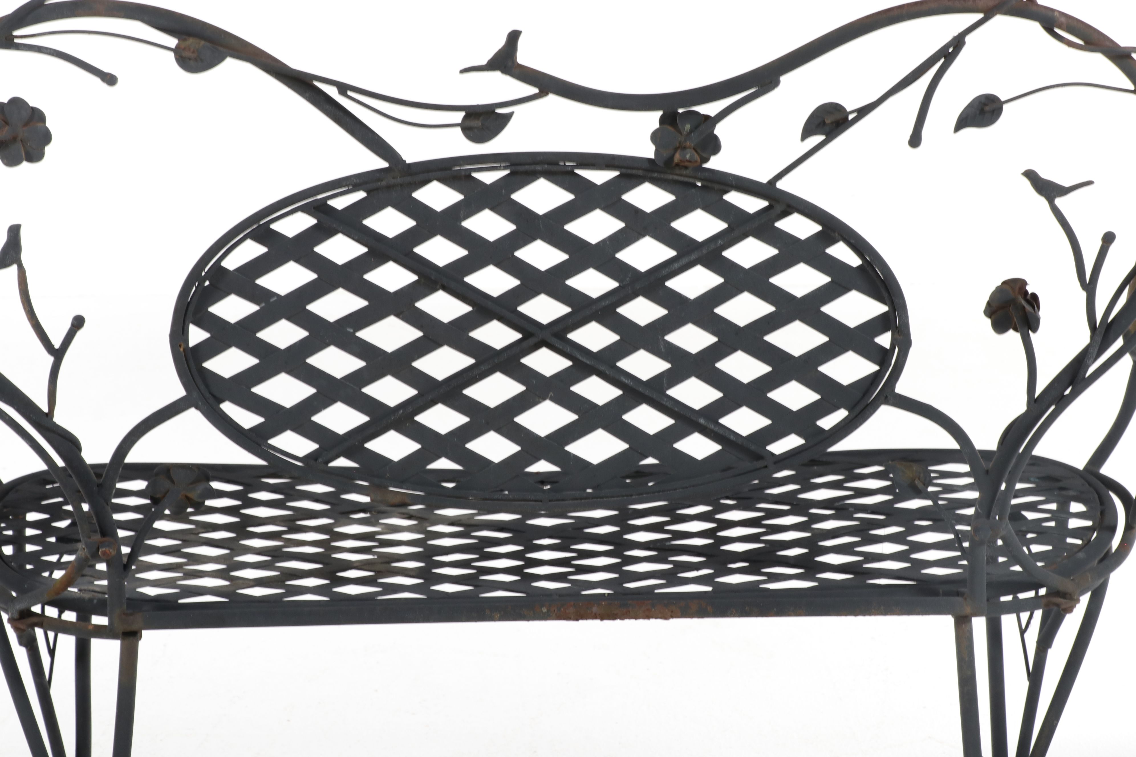 Art Nouveau Style Wrought Iron Vine and Diamond Weave Patio Settee