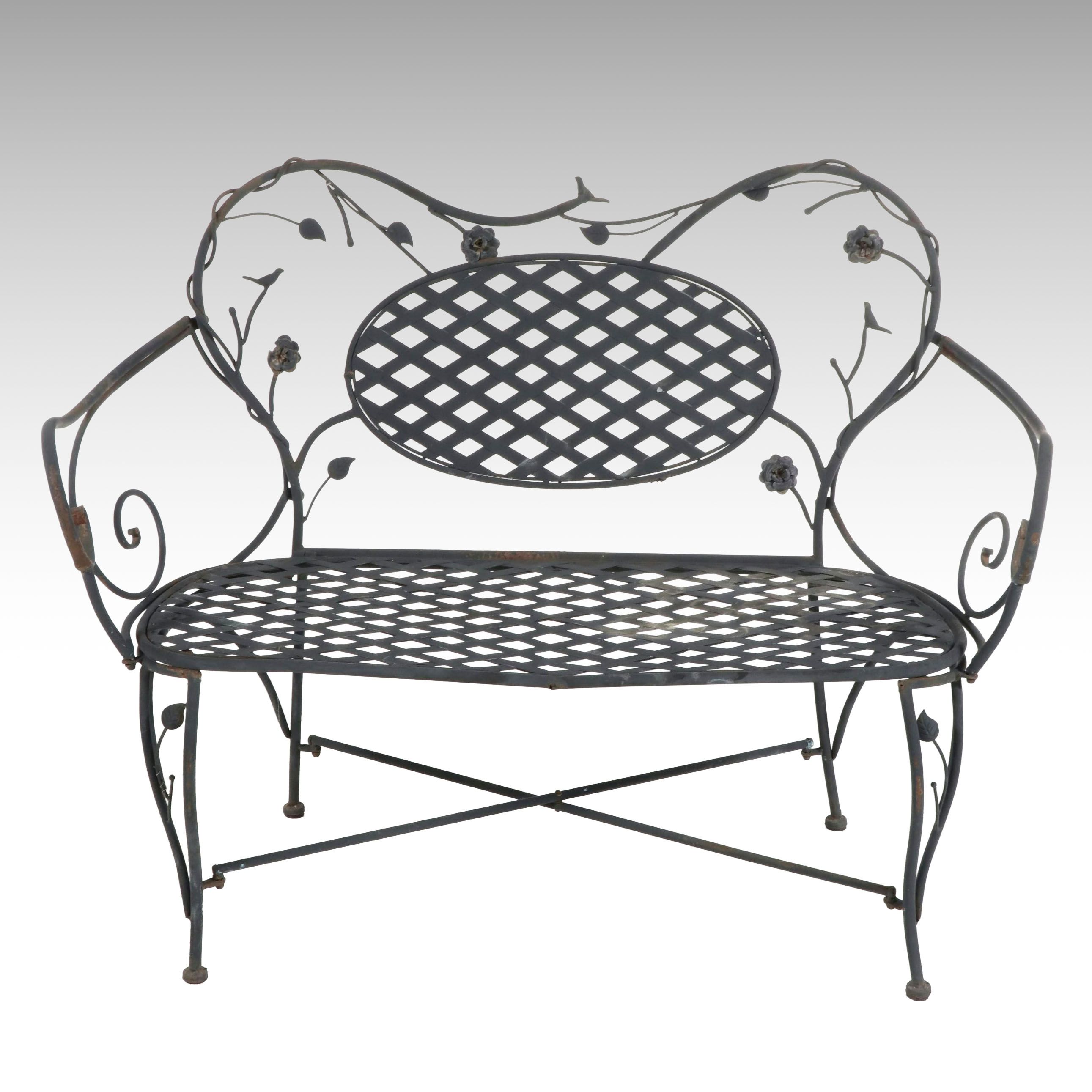 Art Nouveau Style Wrought Iron Vine and Diamond Weave Patio Settee
