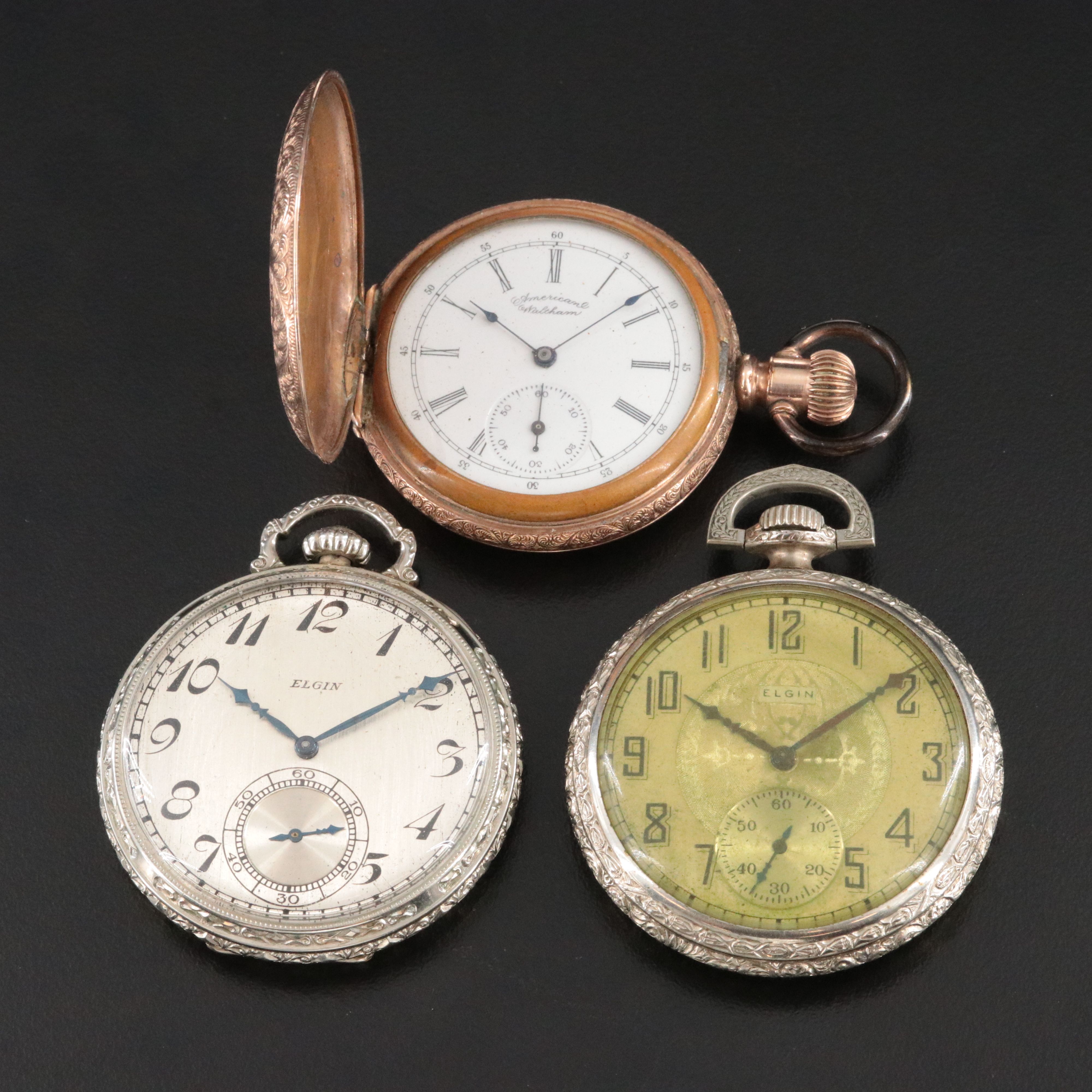 Selection of Vintage Gold-Filled Pocket Watches Featuring Elgin