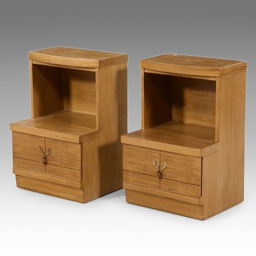 Pair of Mid Century Modern "Step" Nightstands with Leaf Hardware