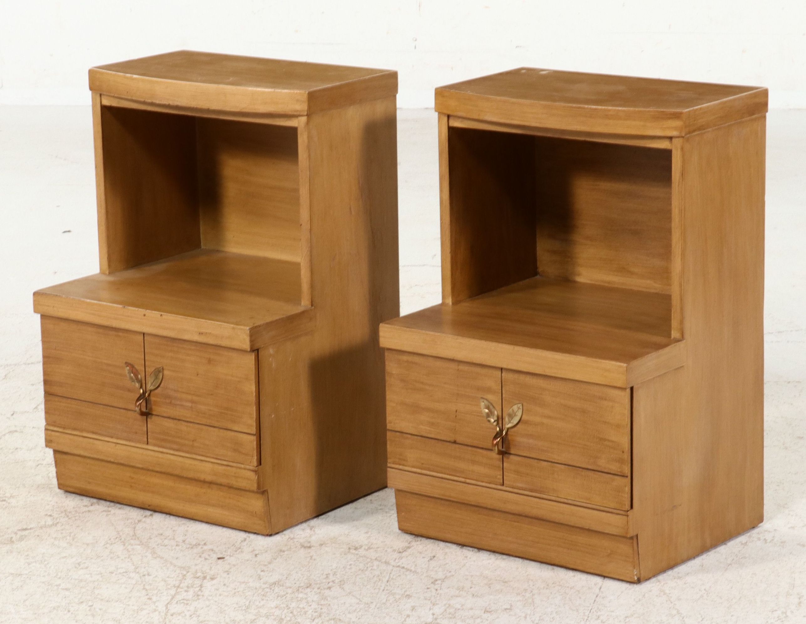 Pair of Mid Century Modern "Step" Nightstands with Leaf Hardware