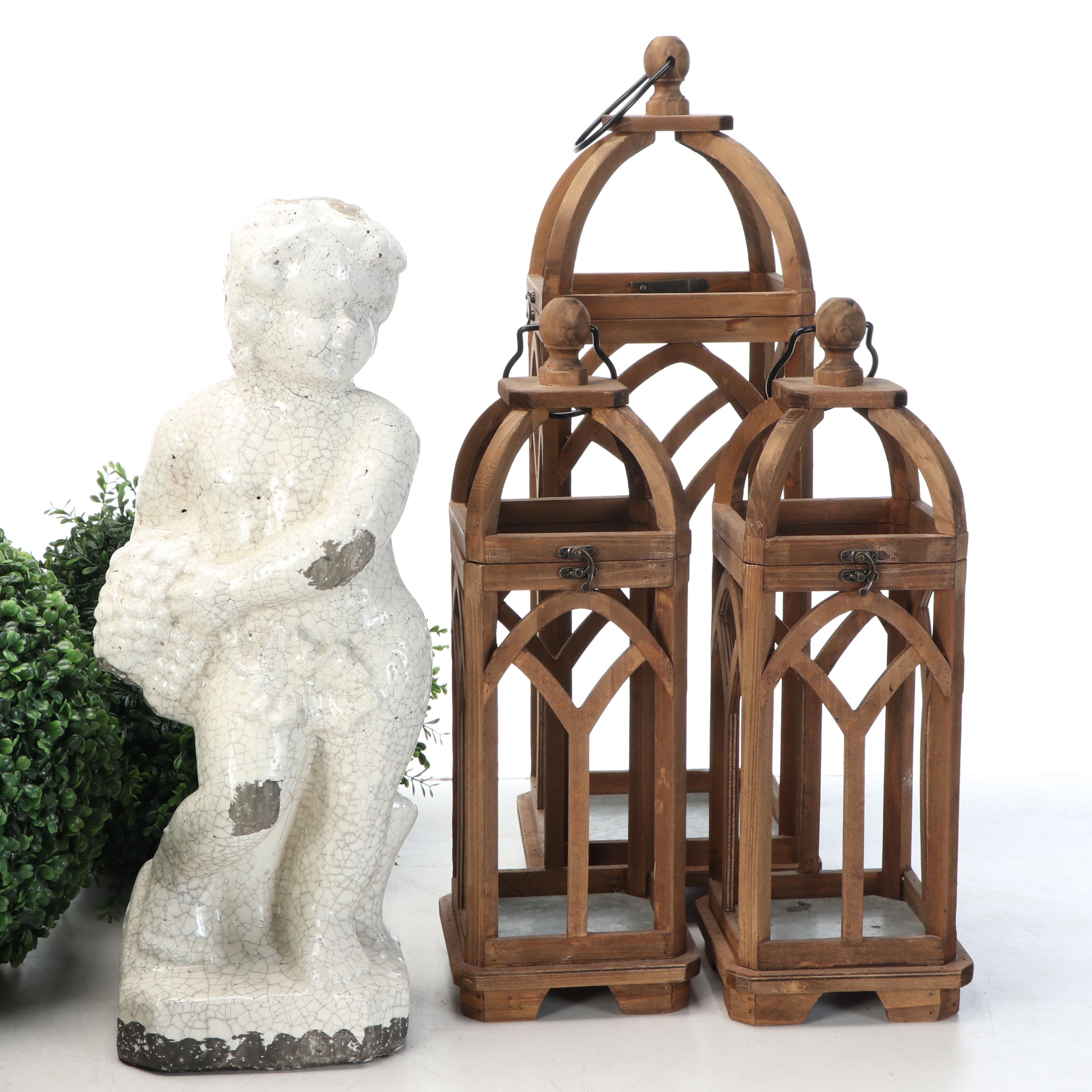 Rustic Wood Candleholders with Faux Topiary and Garden Stature