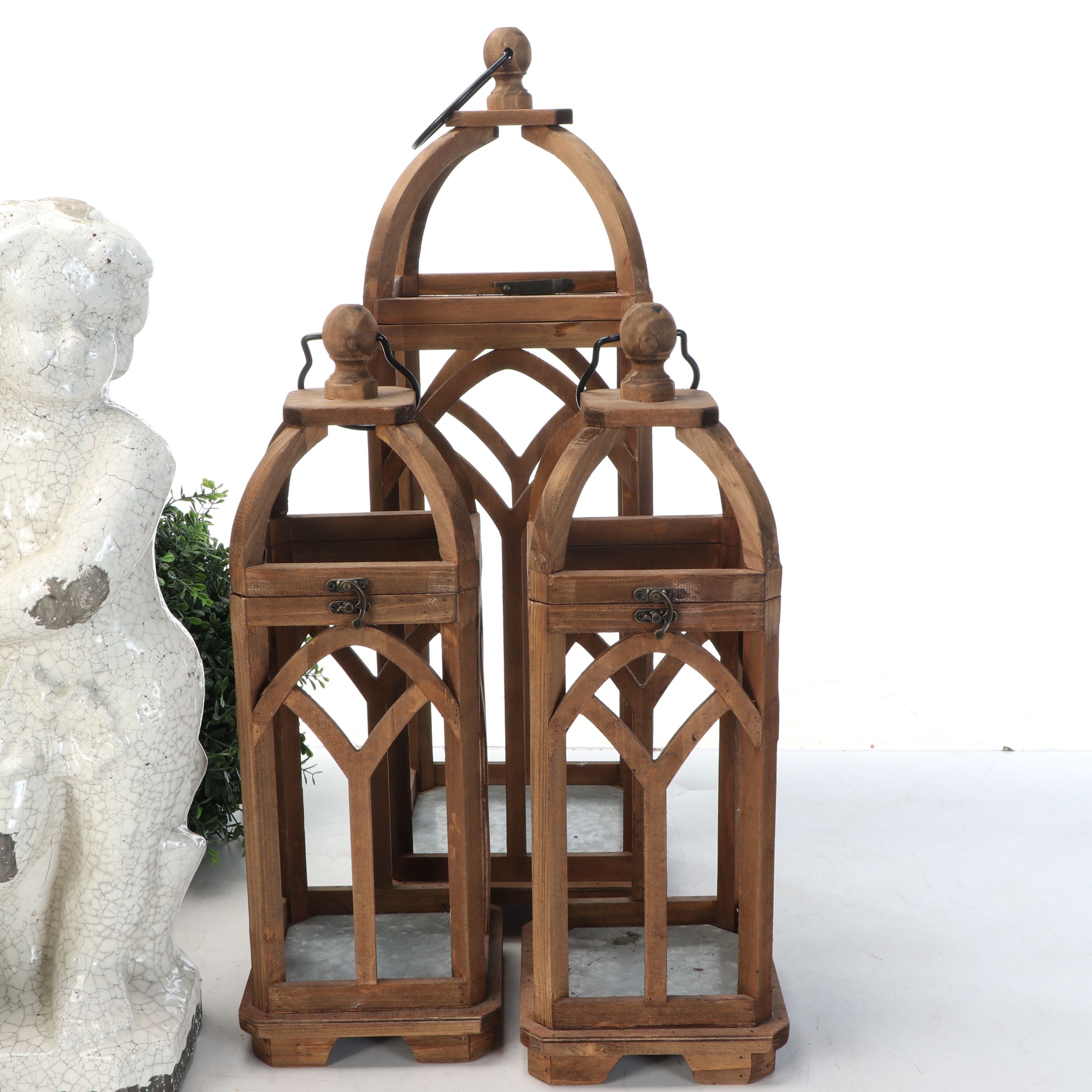 Rustic Wood Candleholders with Faux Topiary and Garden Stature