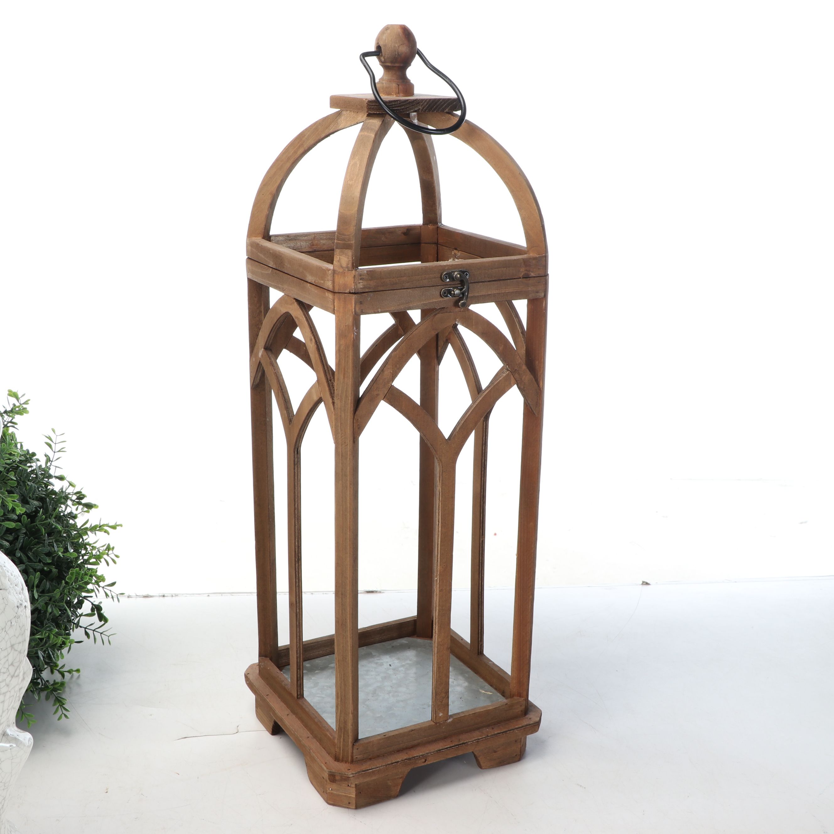 Rustic Wood Candleholders with Faux Topiary and Garden Stature