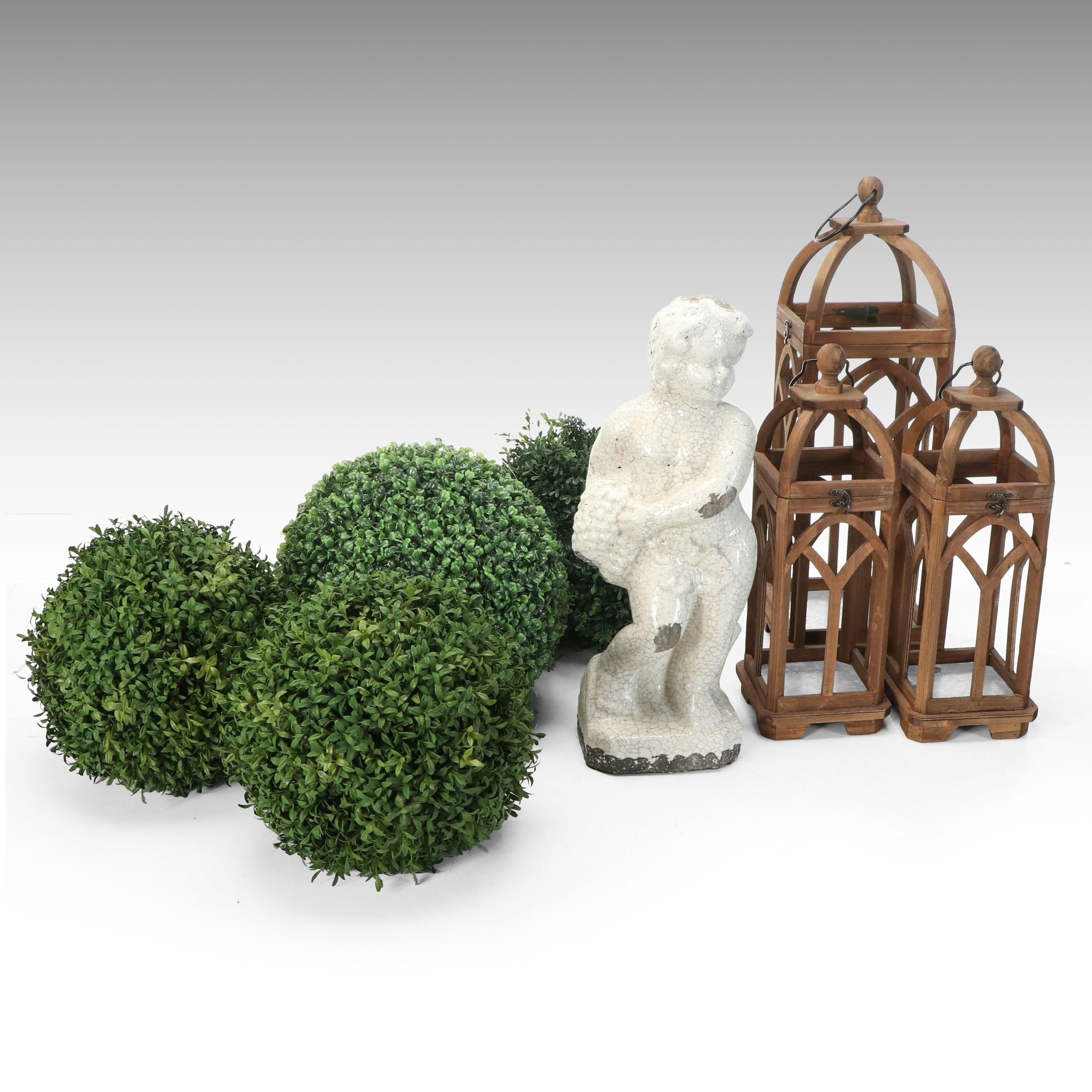 Rustic Wood Candleholders with Faux Topiary and Garden Stature