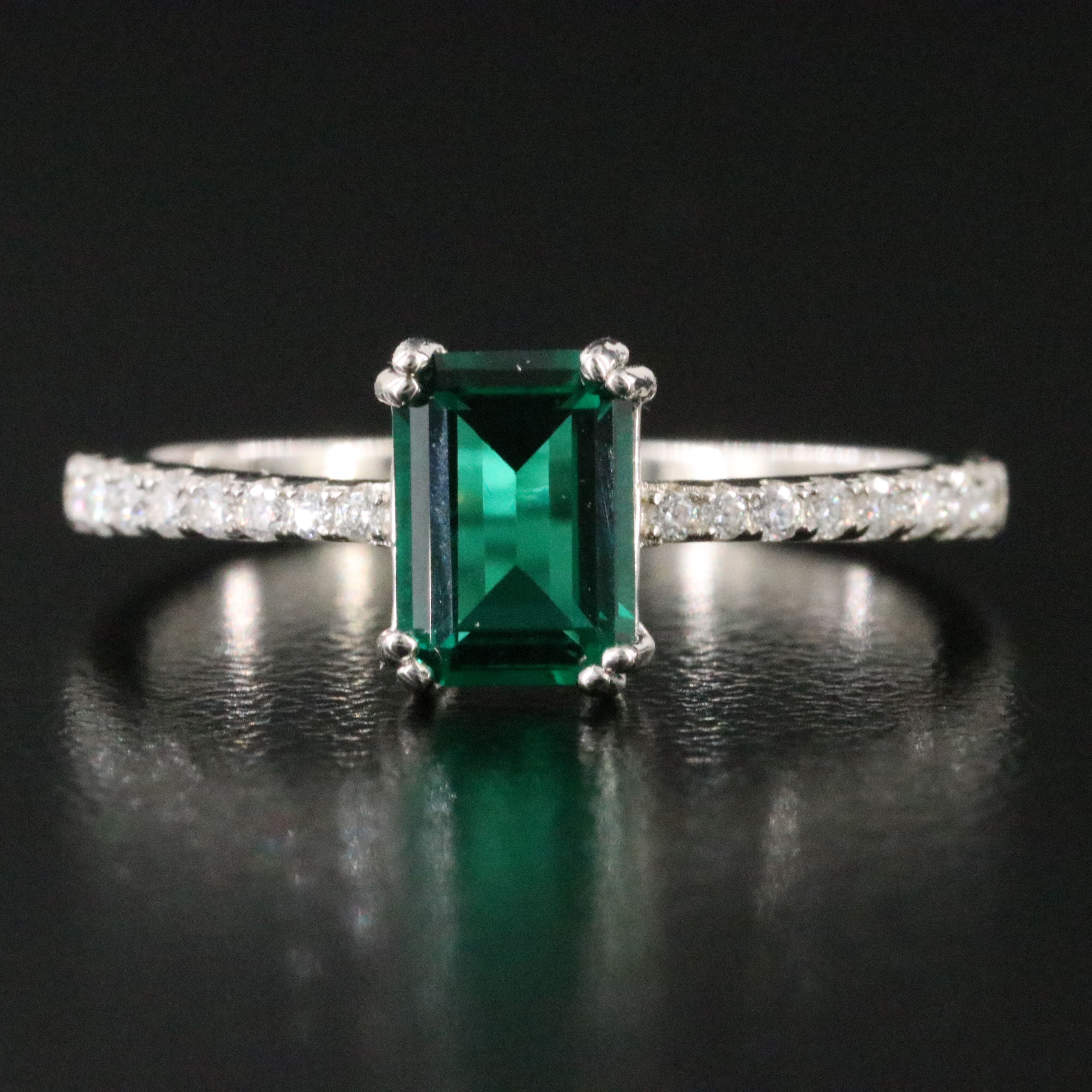 Sterling Green Glass and Moissanite Ring