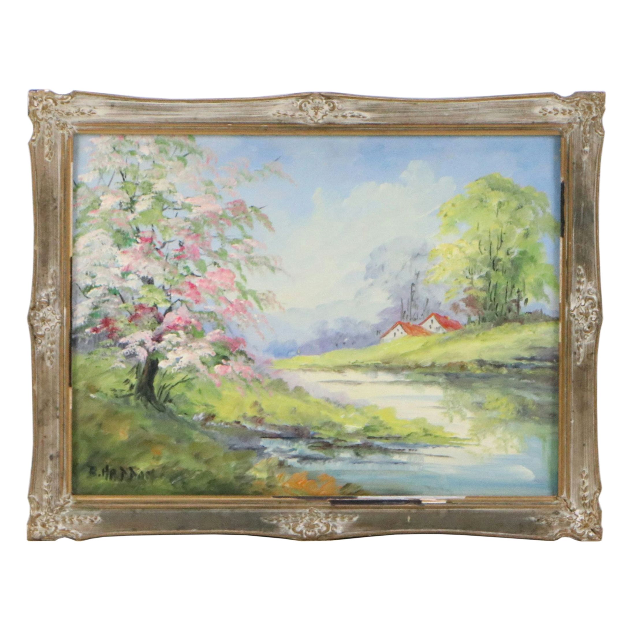 Bertha Hatton Duke Oil Painting of Bucolic Spring Landscape, Mid-20th Century