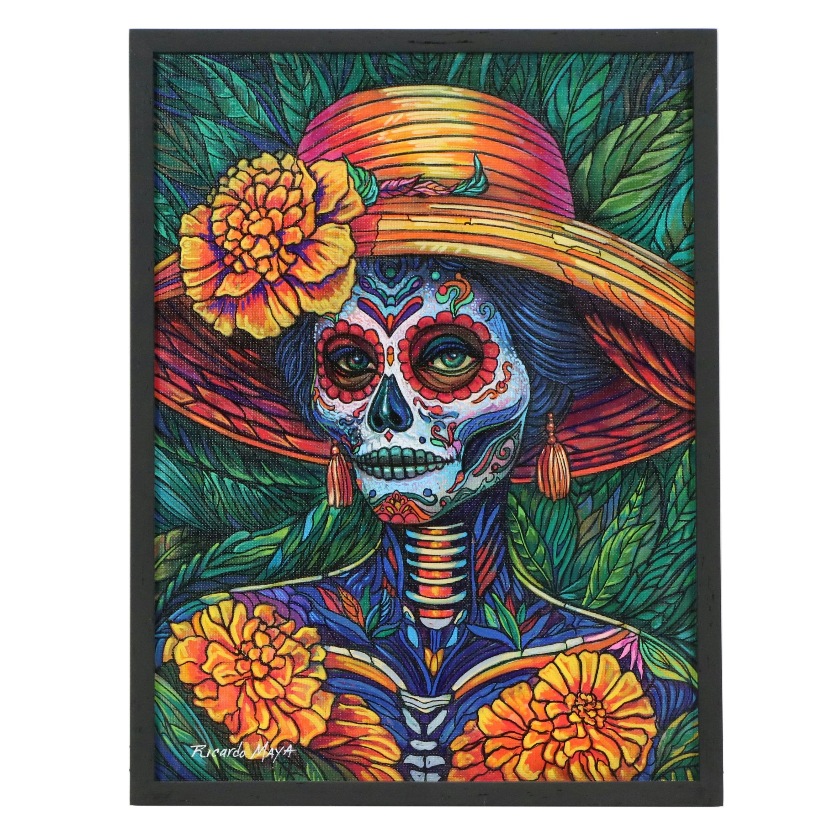 Ricardo Maya Acrylic Painting of Stylized Día de los Muertos Woman, 2025