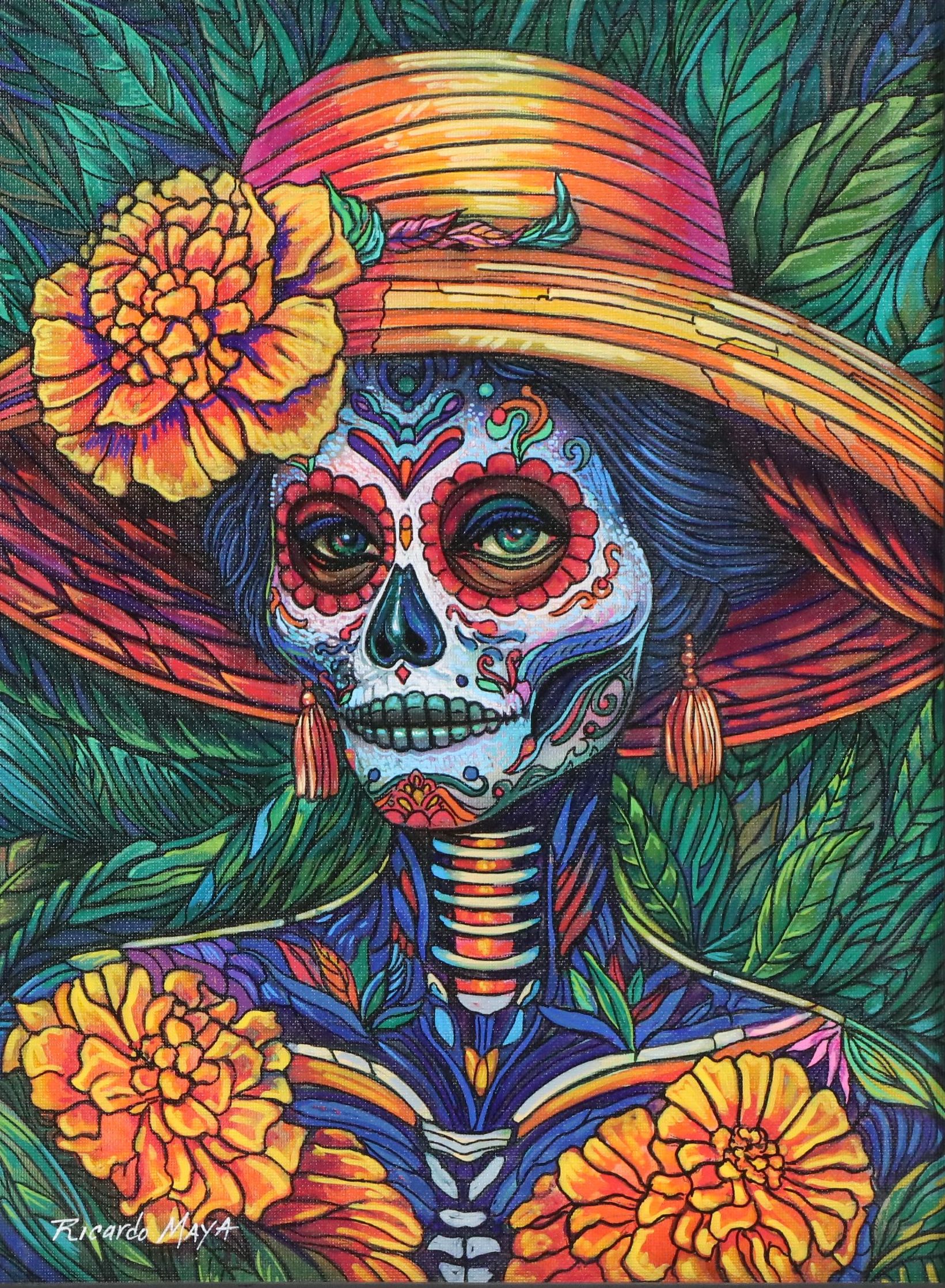 Ricardo Maya Acrylic Painting of Stylized Día de los Muertos Woman, 2025