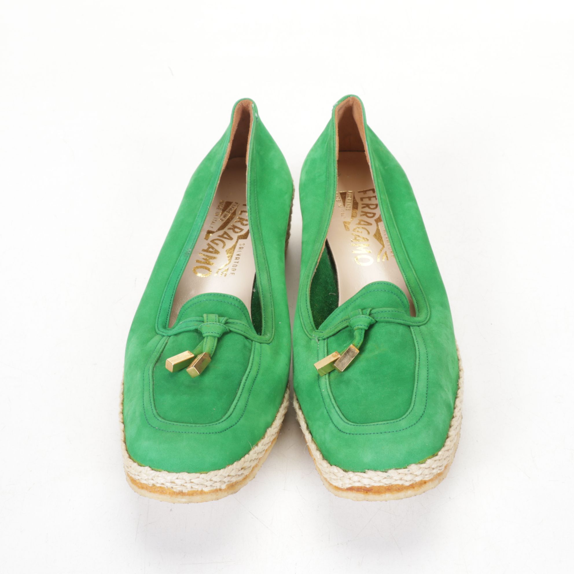 Salvatore Ferragamo Green Suede Espadrille Heel Loafers
