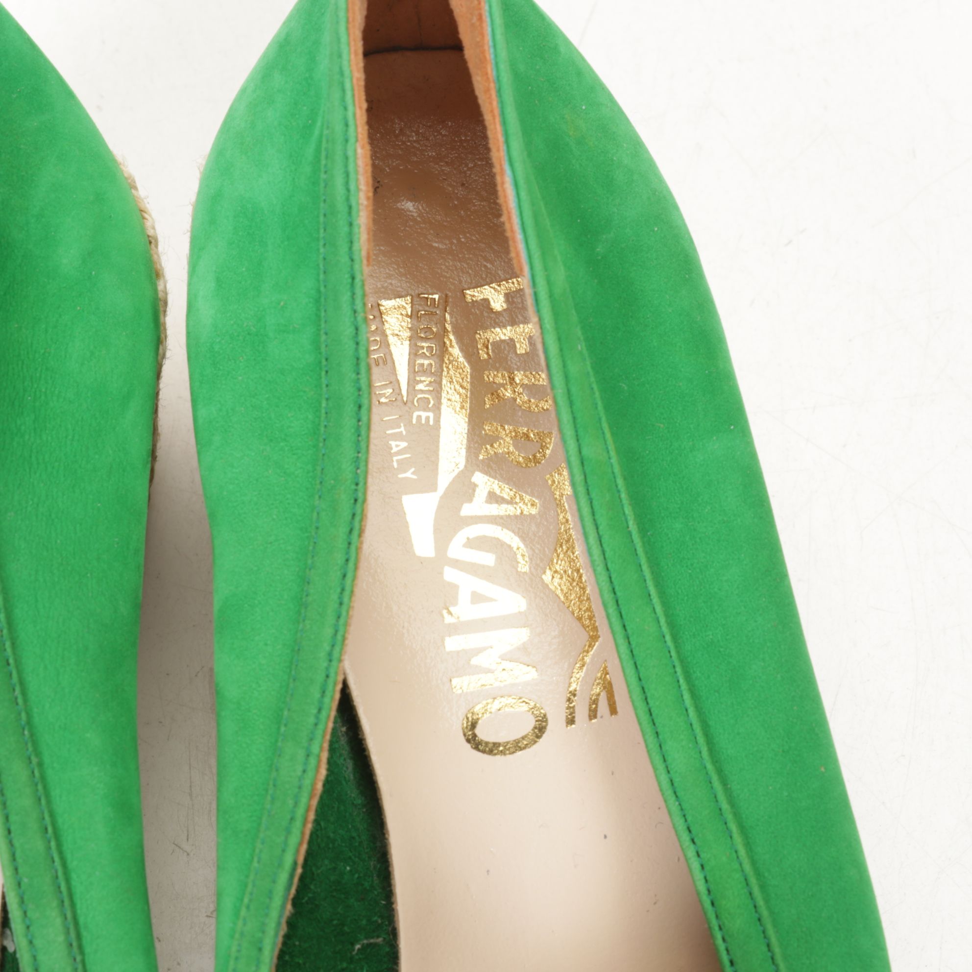 Salvatore Ferragamo Green Suede Espadrille Heel Loafers