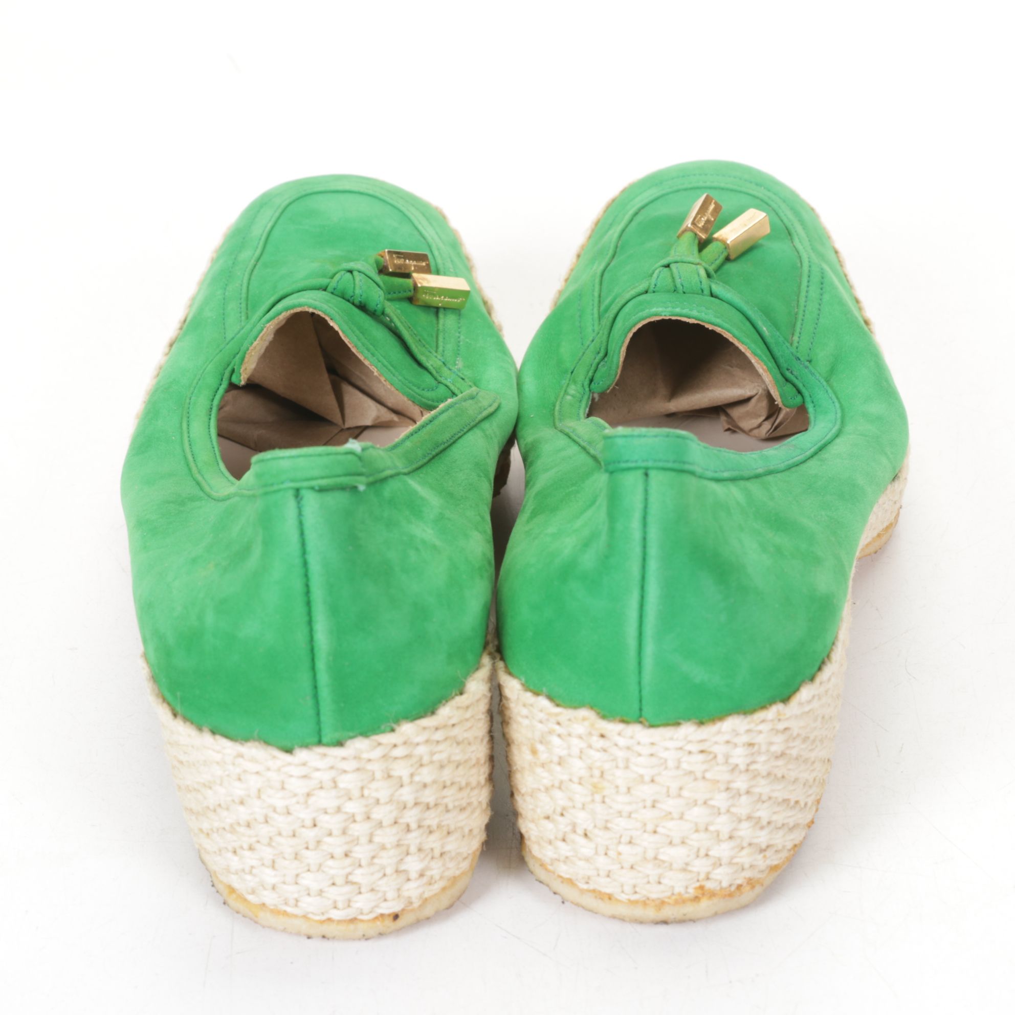 Salvatore Ferragamo Green Suede Espadrille Heel Loafers