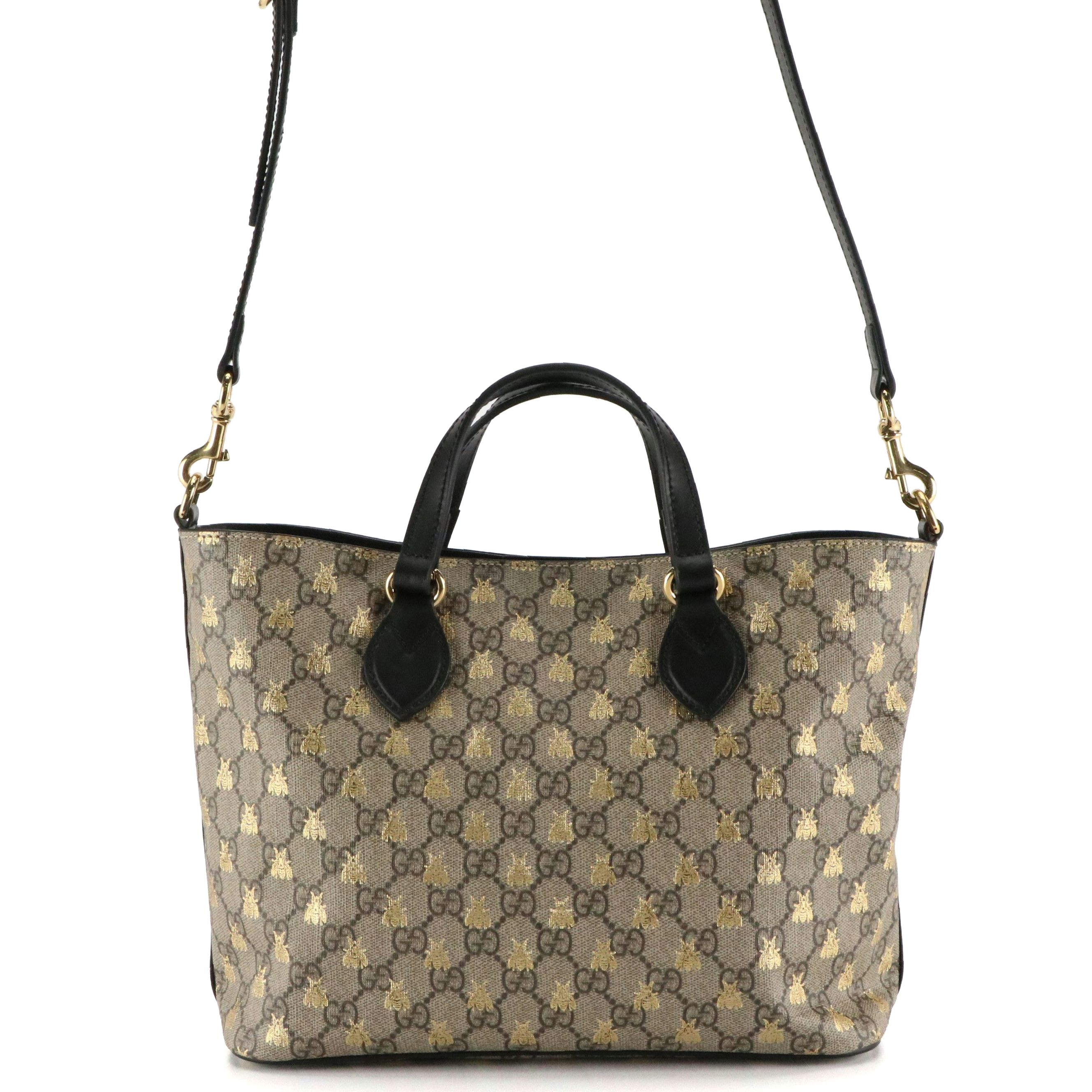 Gucci Gold Metallic Bee GG Supreme Canvas & Black Leather Two-Way Tote Bag
