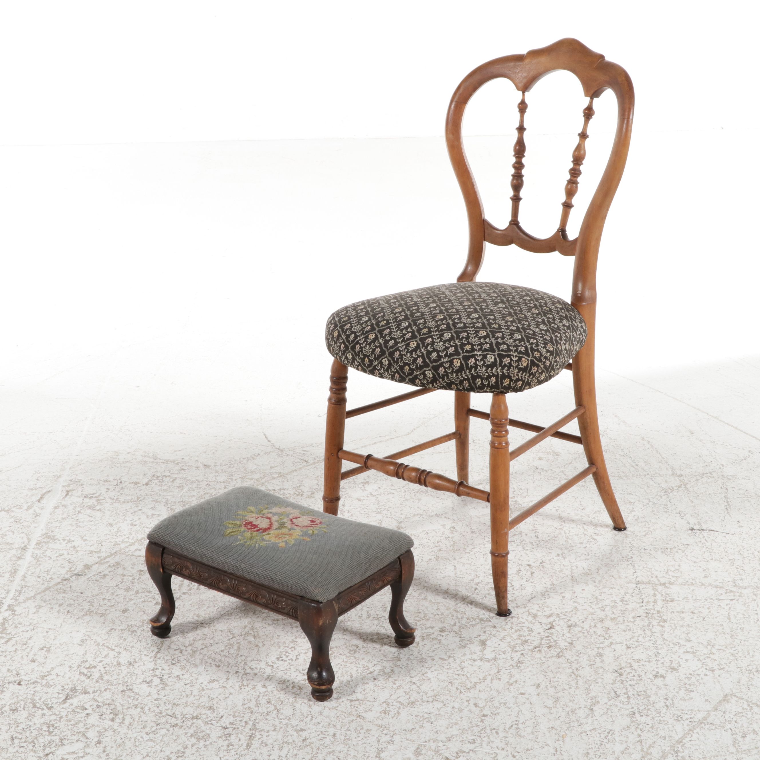 Victorian Style Balloon-Back Chair and Needlepoint Footstool
