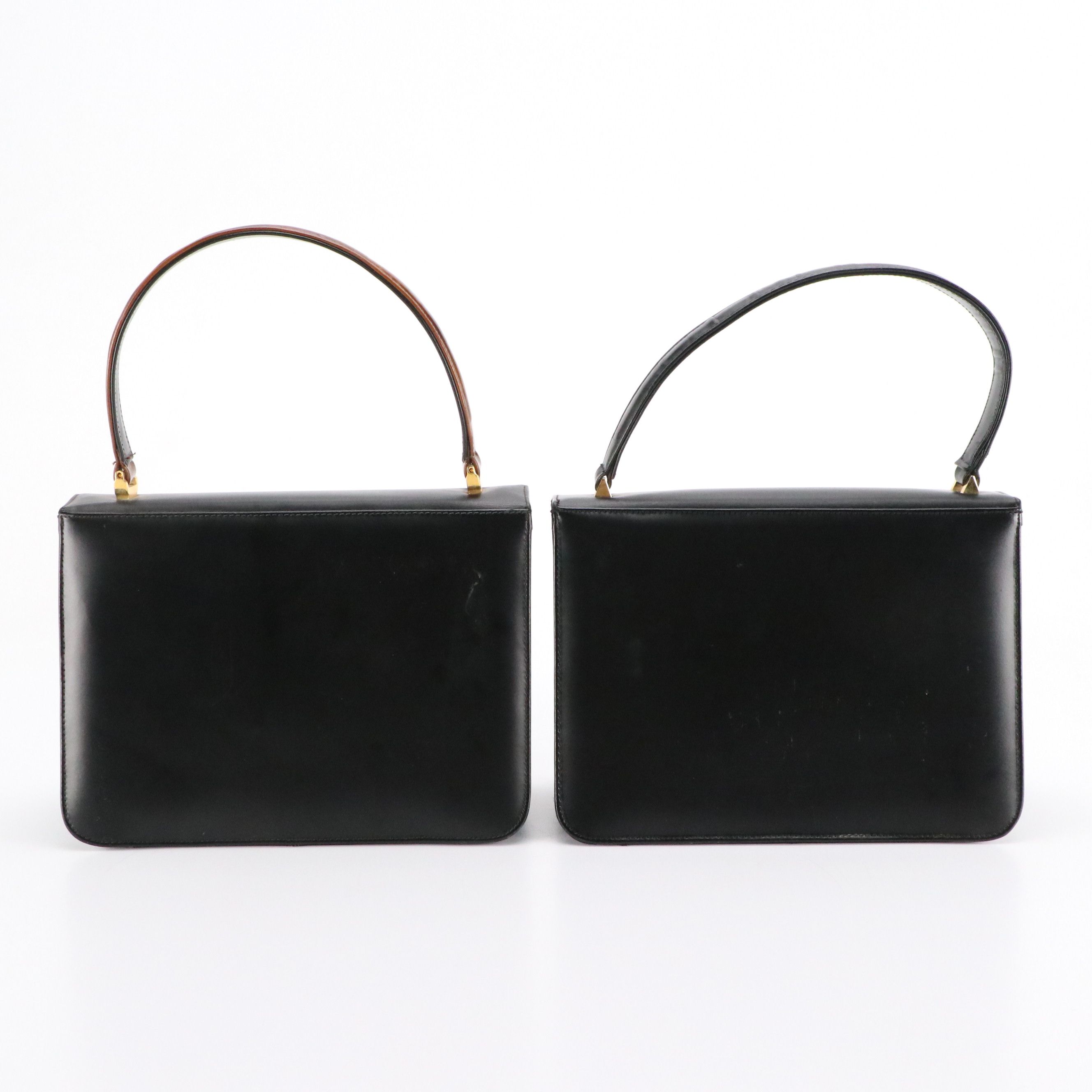 Palizzio Front Flap Accordion Top Handle Handbag in Black and Brown Leather