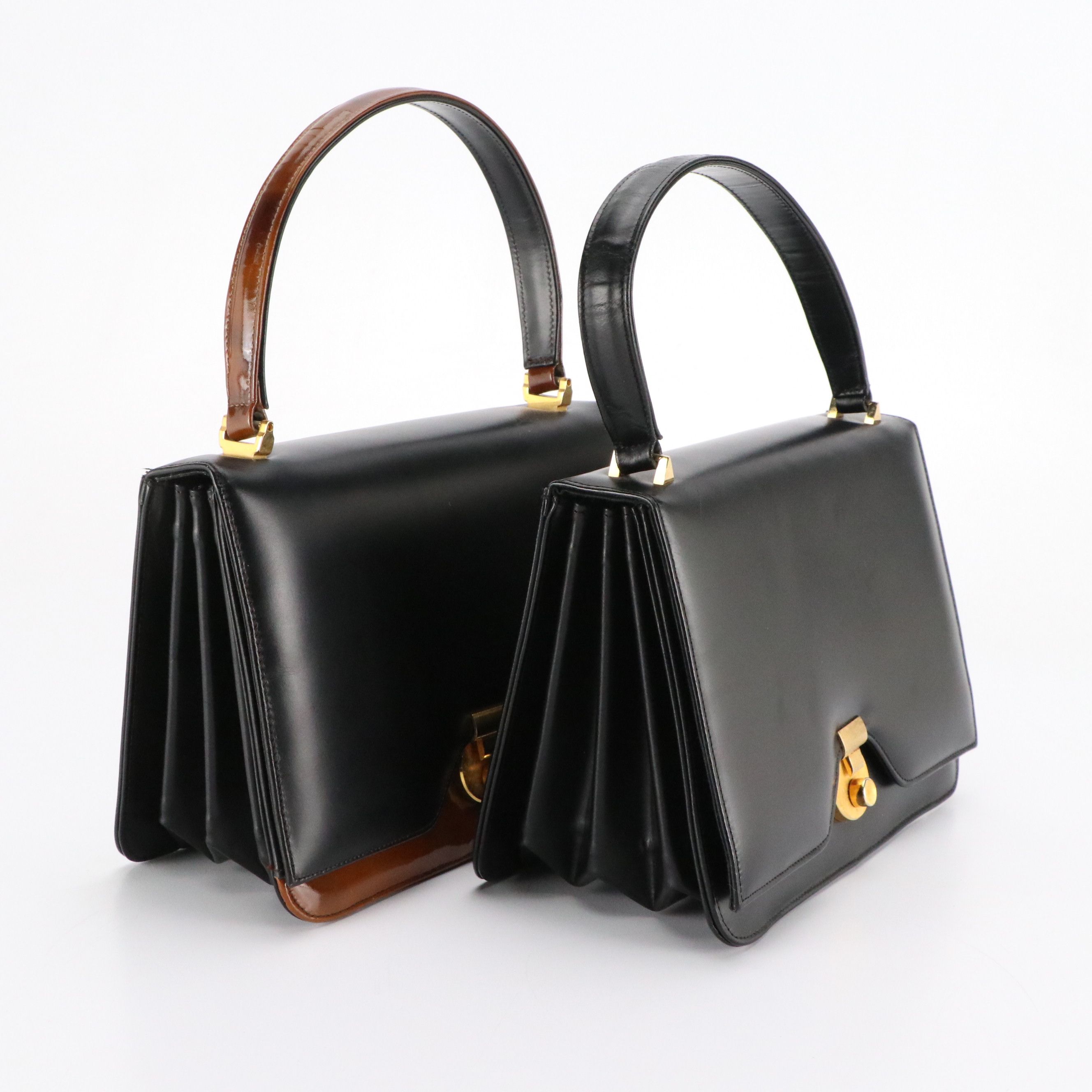 Palizzio Front Flap Accordion Top Handle Handbag in Black and Brown Leather