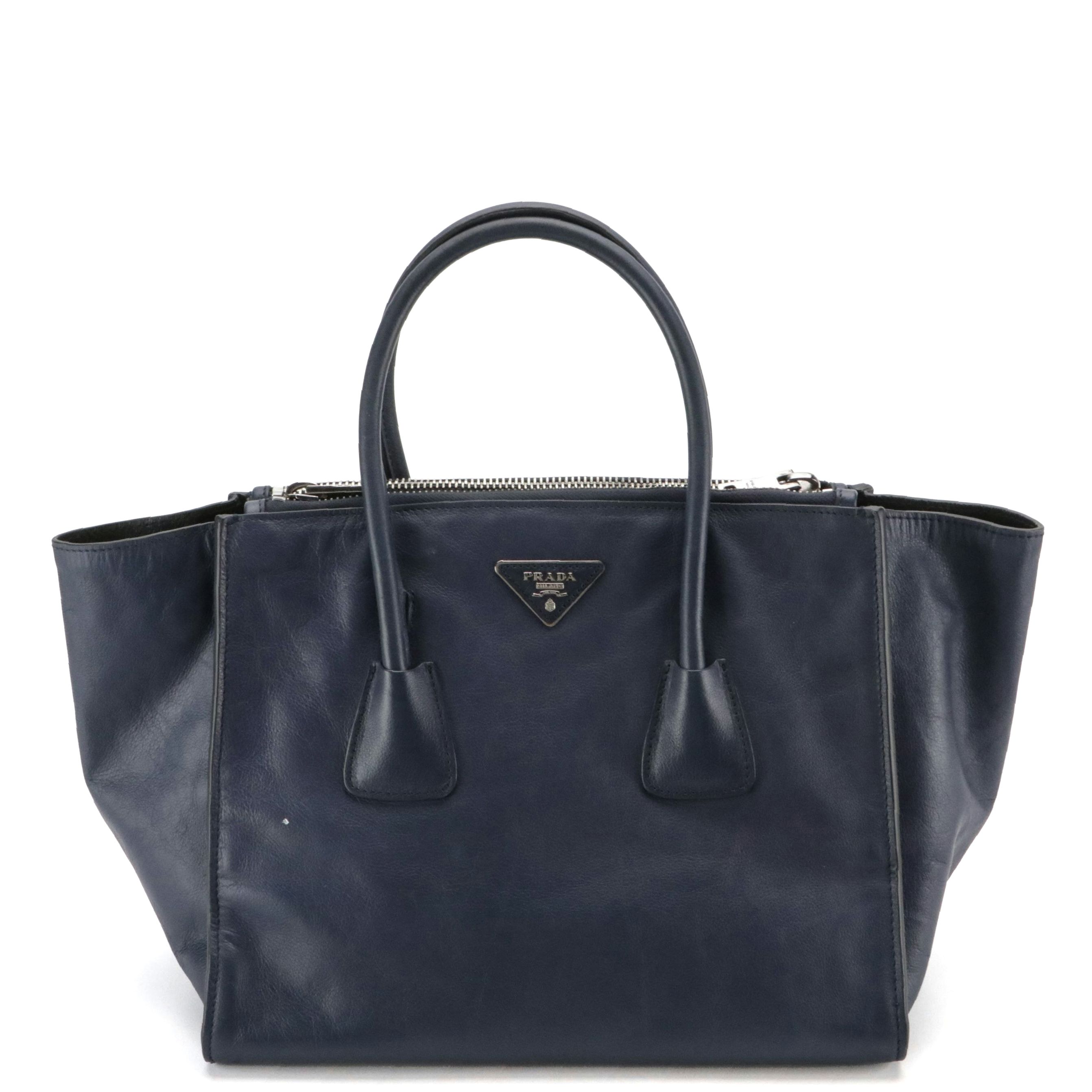 Prada Navy Blue City Calf Leather Twin Pocket Two-Way Tote Bag