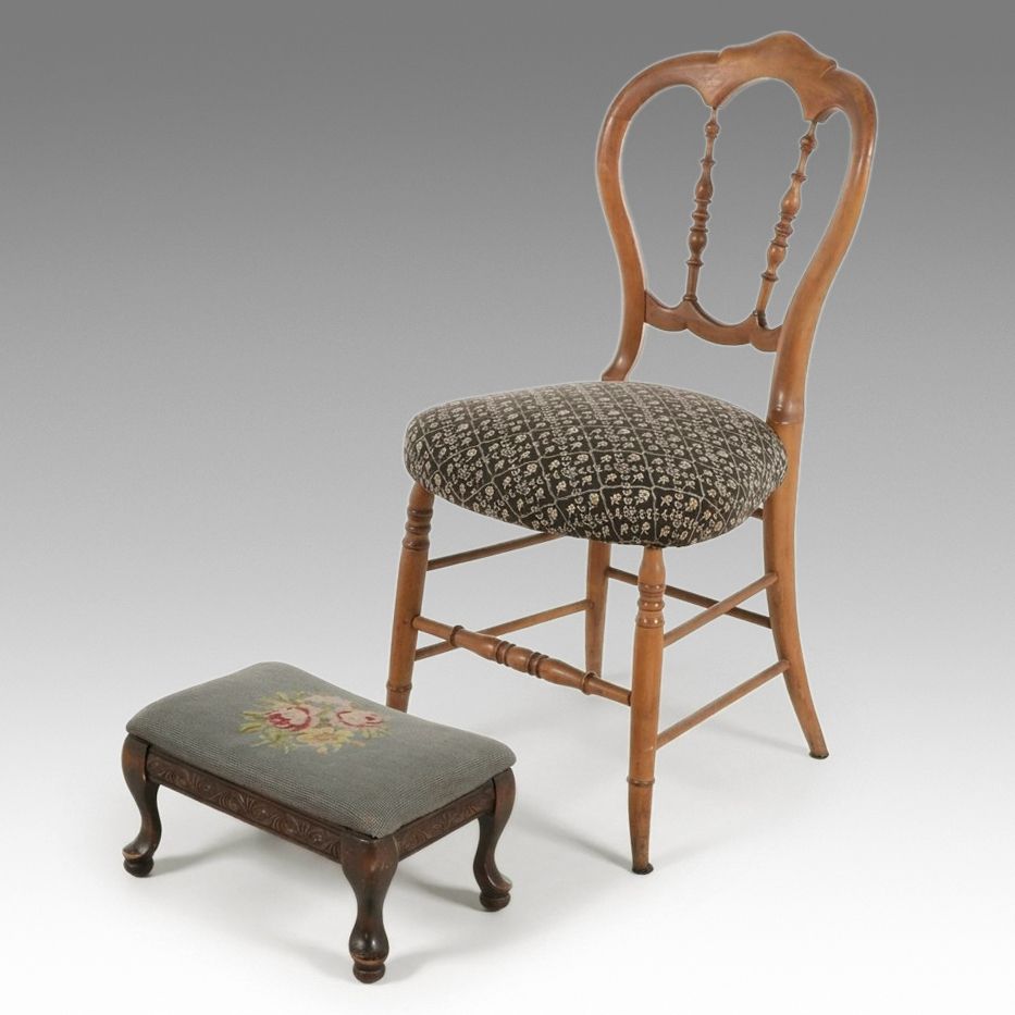 Victorian Style Balloon-Back Chair and Needlepoint Footstool