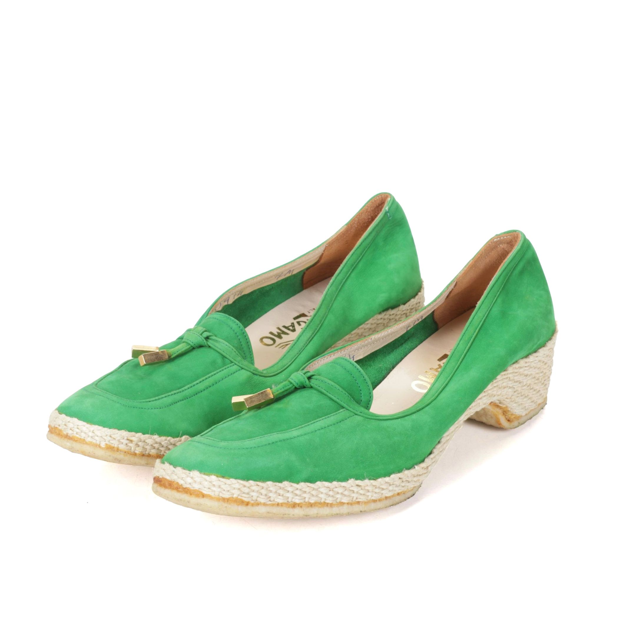 Salvatore Ferragamo Green Suede Espadrille Heel Loafers