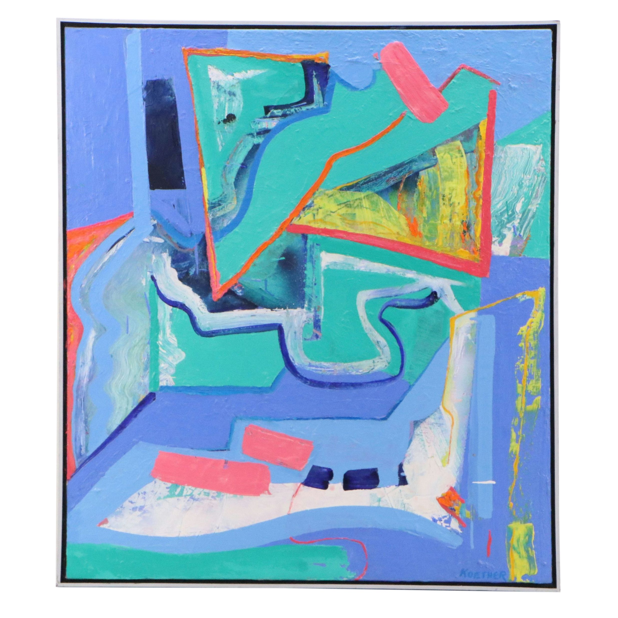 Thomas Koether Modern Abstract Oil Painting in Blue, Late 20th Century