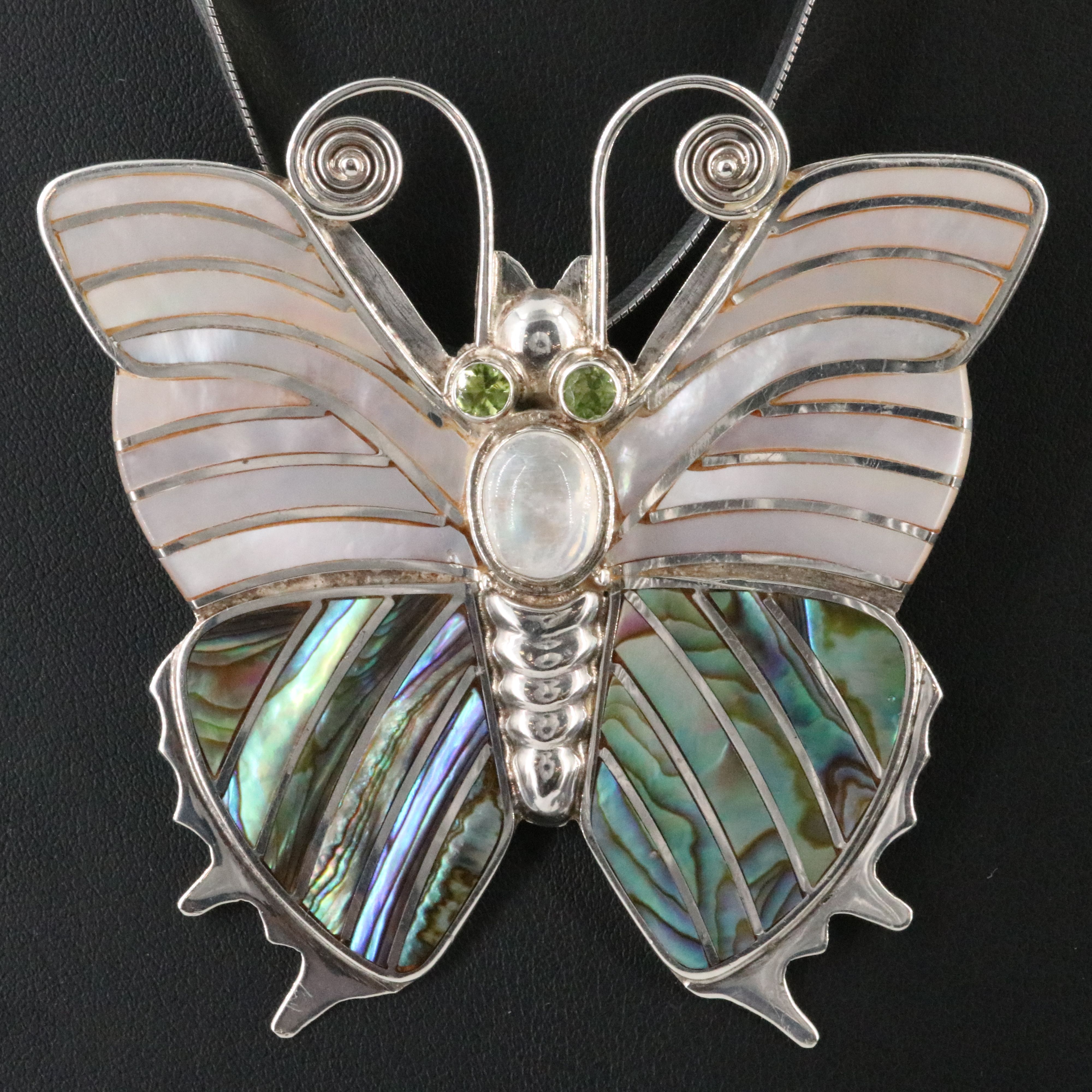 Sterling Inlaid Butterfly Converter Brooch on a Herringbone Chain