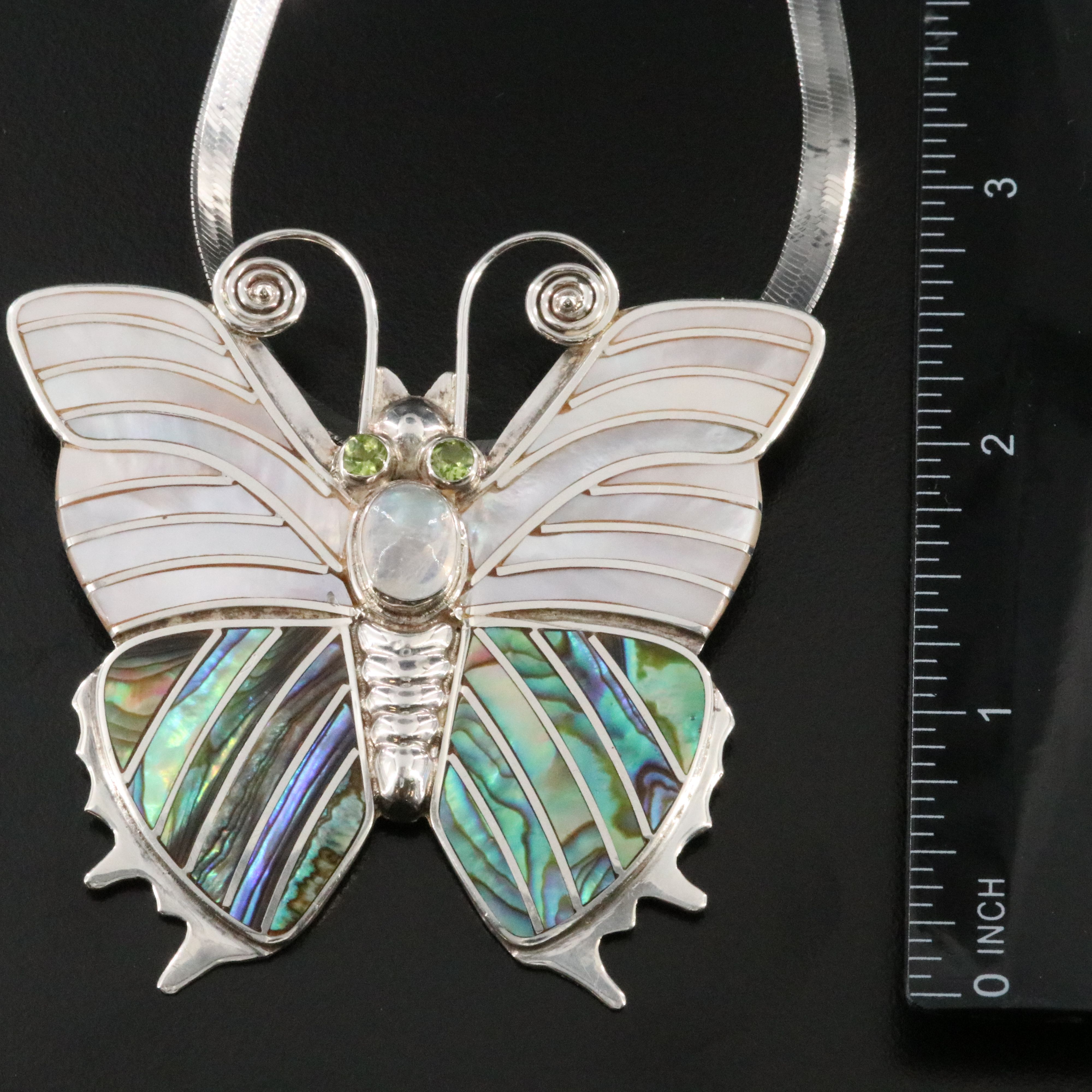 Sterling Inlaid Butterfly Converter Brooch on a Herringbone Chain