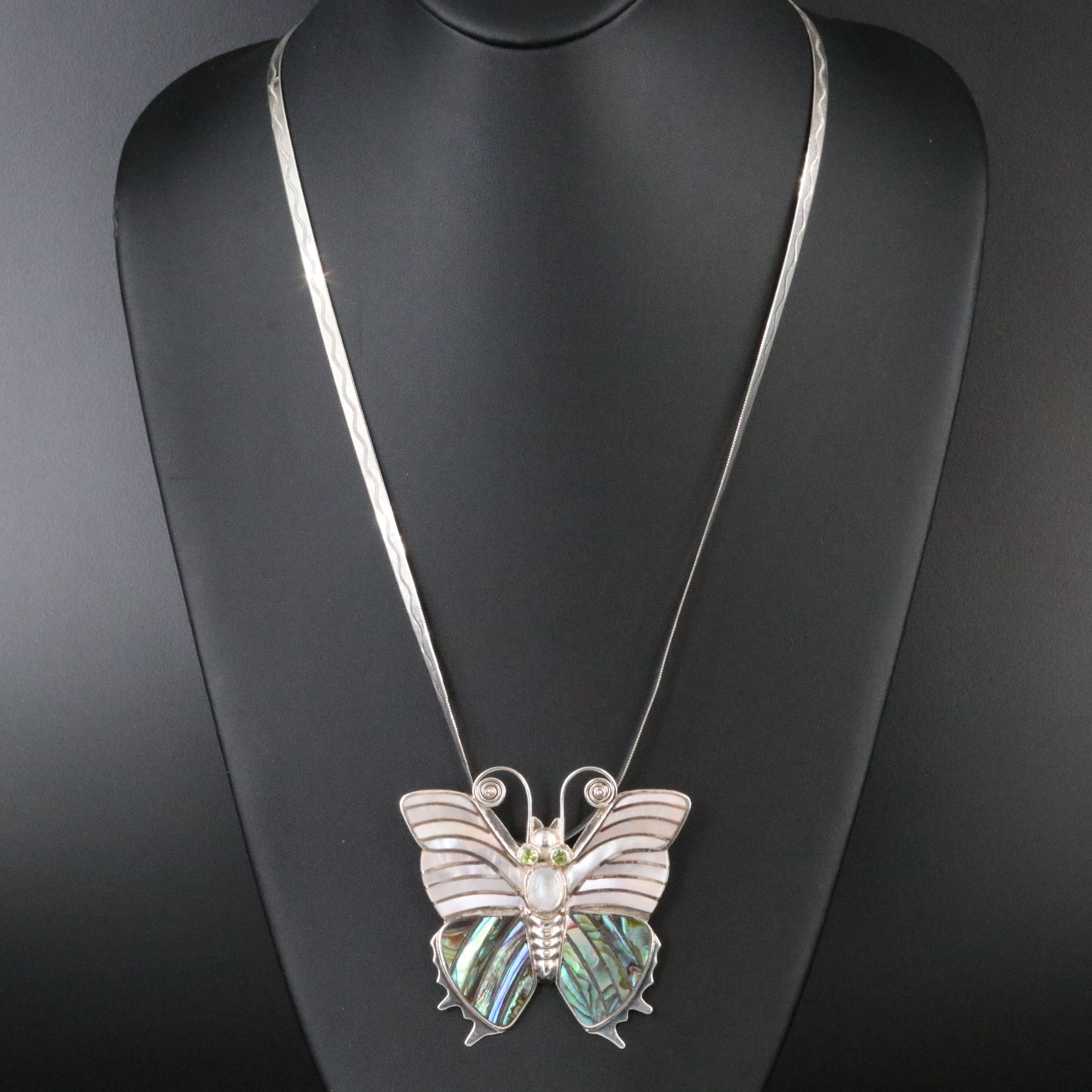 Sterling Inlaid Butterfly Converter Brooch on a Herringbone Chain