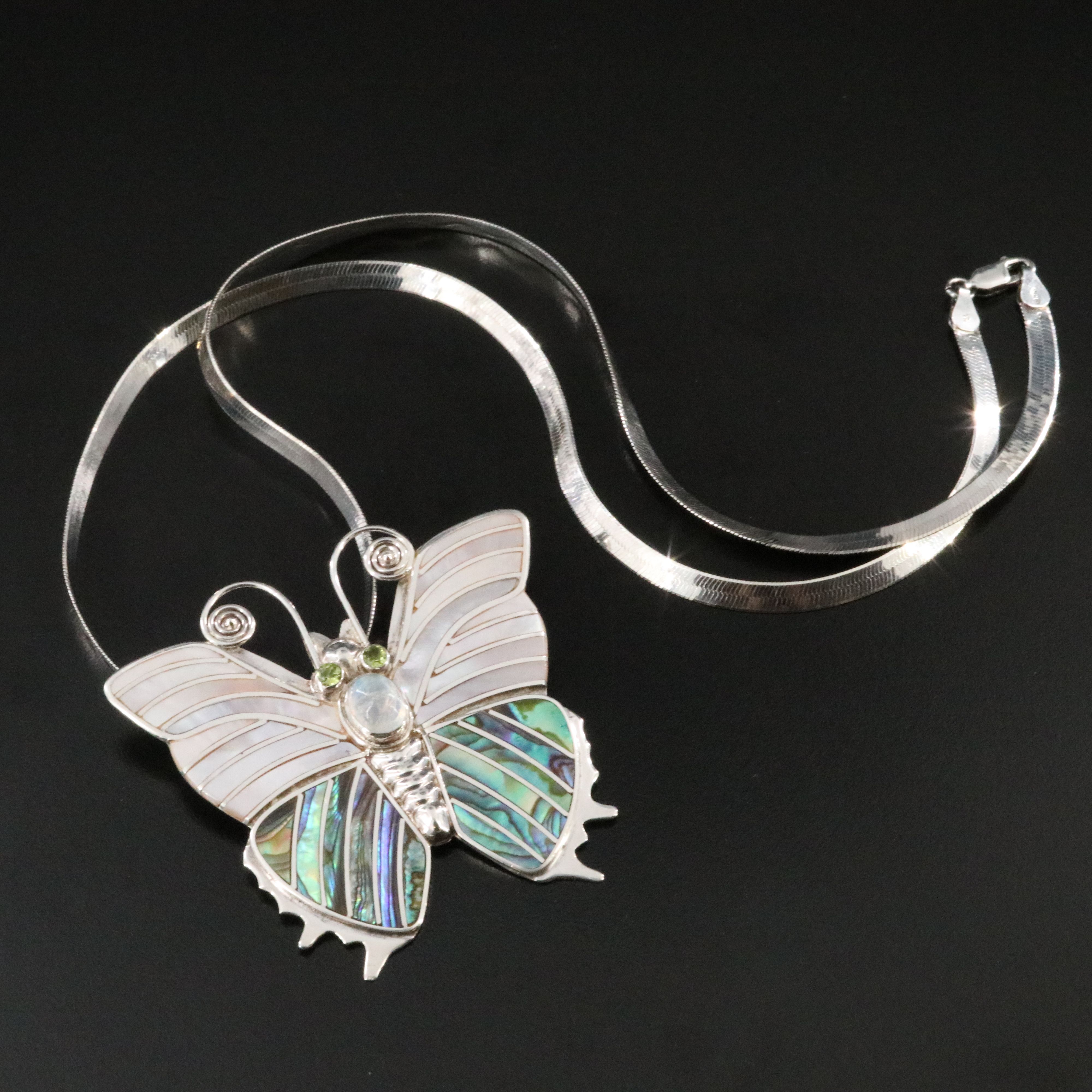 Sterling Inlaid Butterfly Converter Brooch on a Herringbone Chain