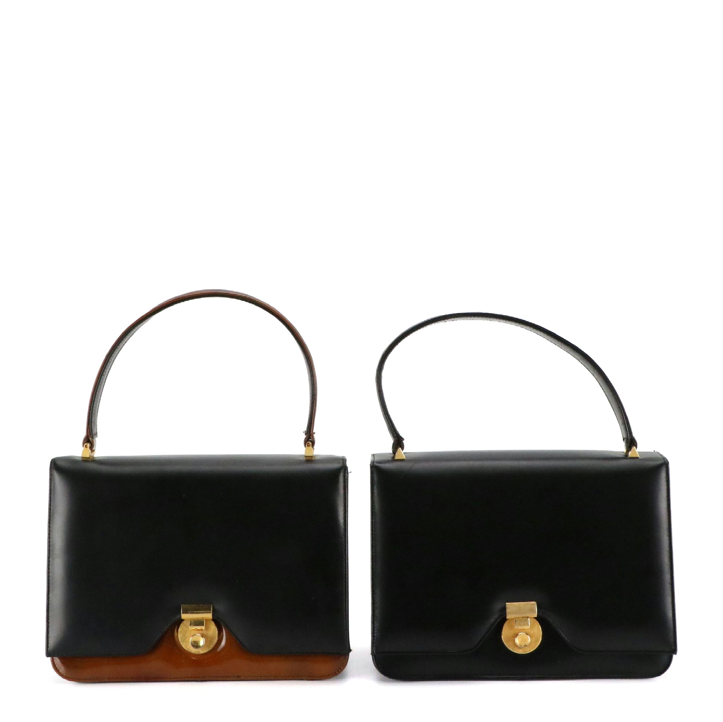 Palizzio Front Flap Accordion Top Handle Handbag in Black and Brown Leather