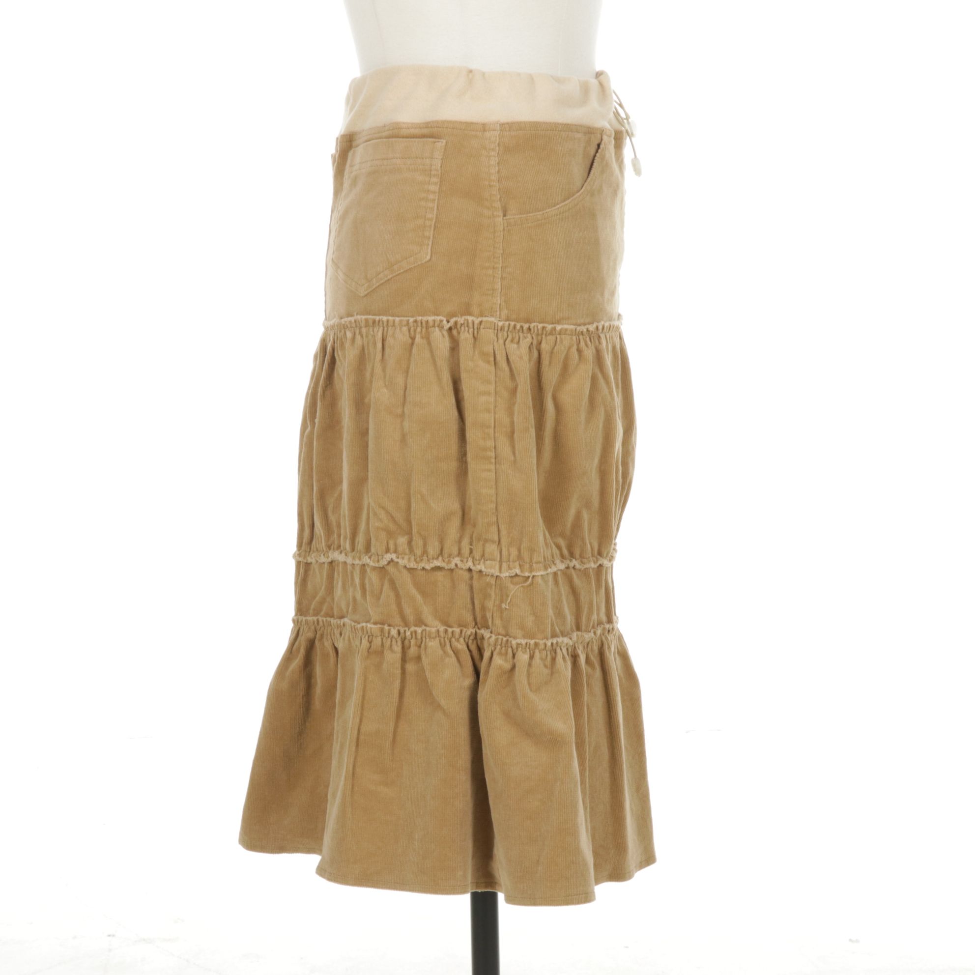 Miro Style Ruffle Tiered Brown Corduroy Midi Skirt with Elastic Waistband, M