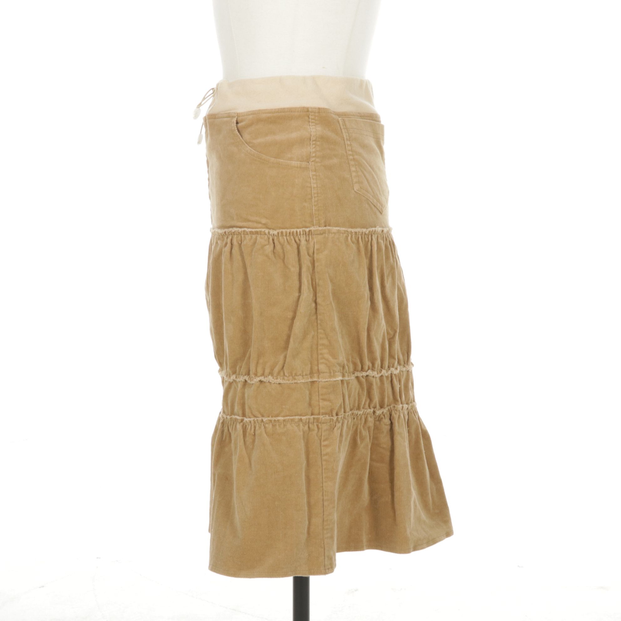 Miro Style Ruffle Tiered Brown Corduroy Midi Skirt with Elastic Waistband, M