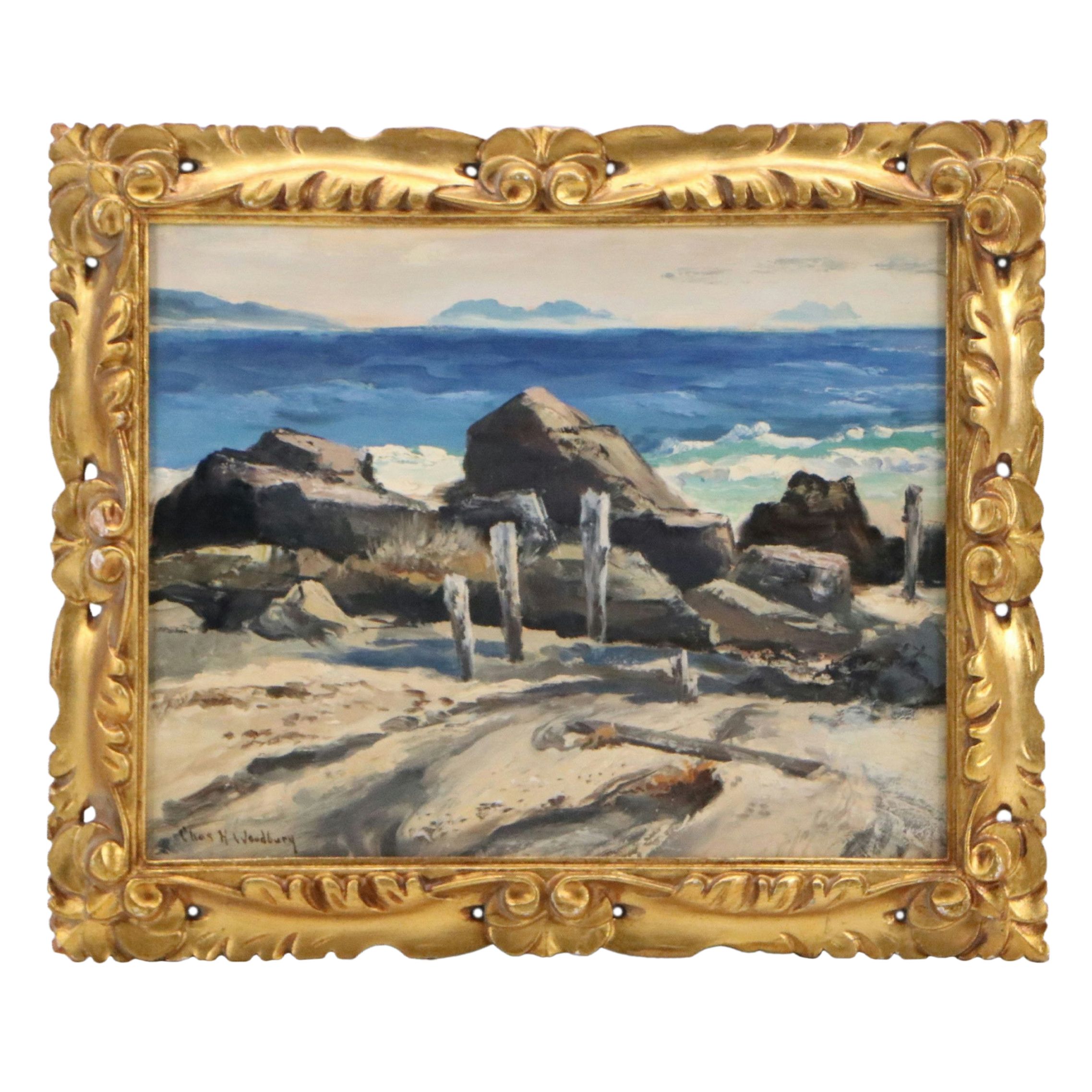 Charles H. Woodbury Oil Painting of Rocky Beach, Early 20th Century
