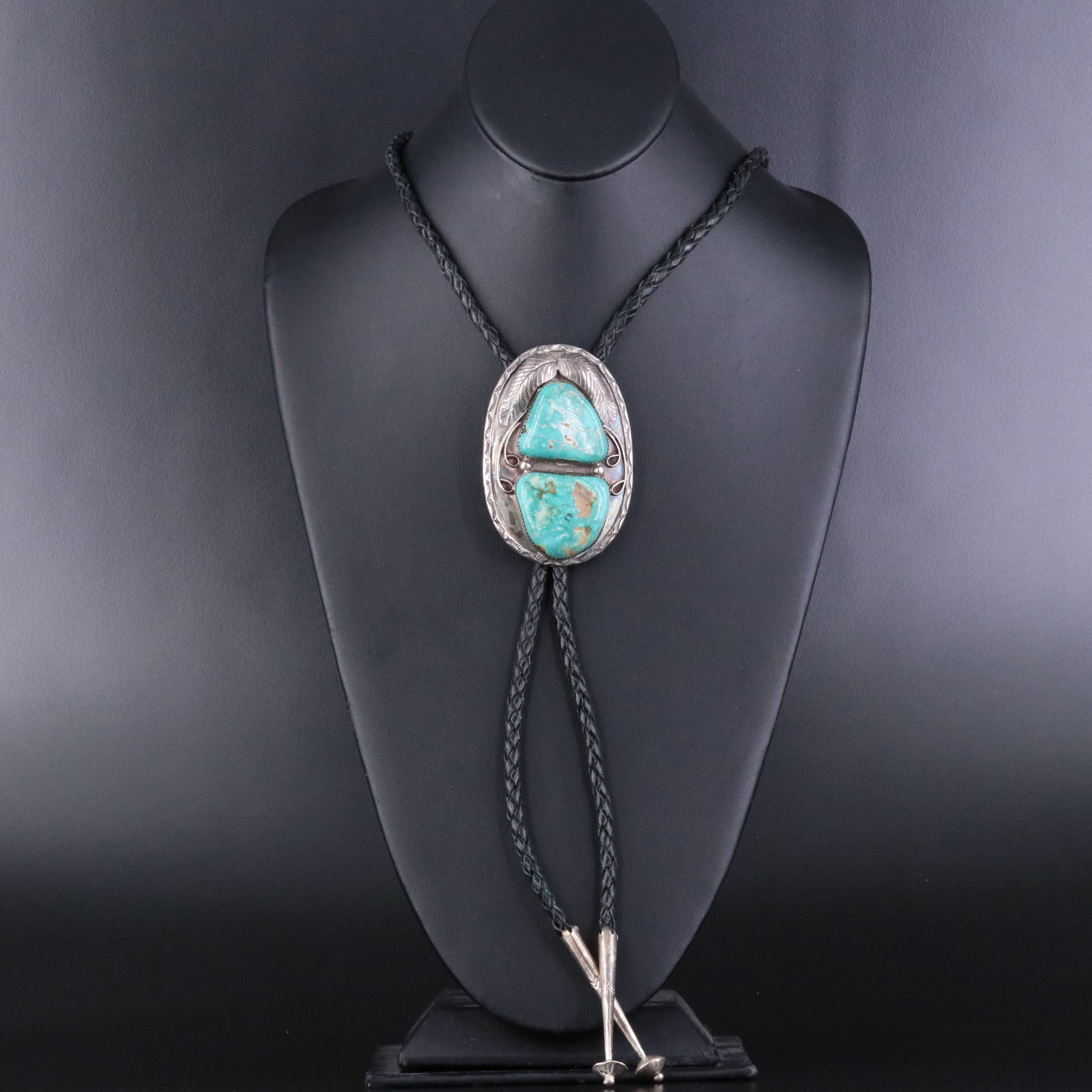 Southwestern Signed Sterling Turquoise Bolo Tie